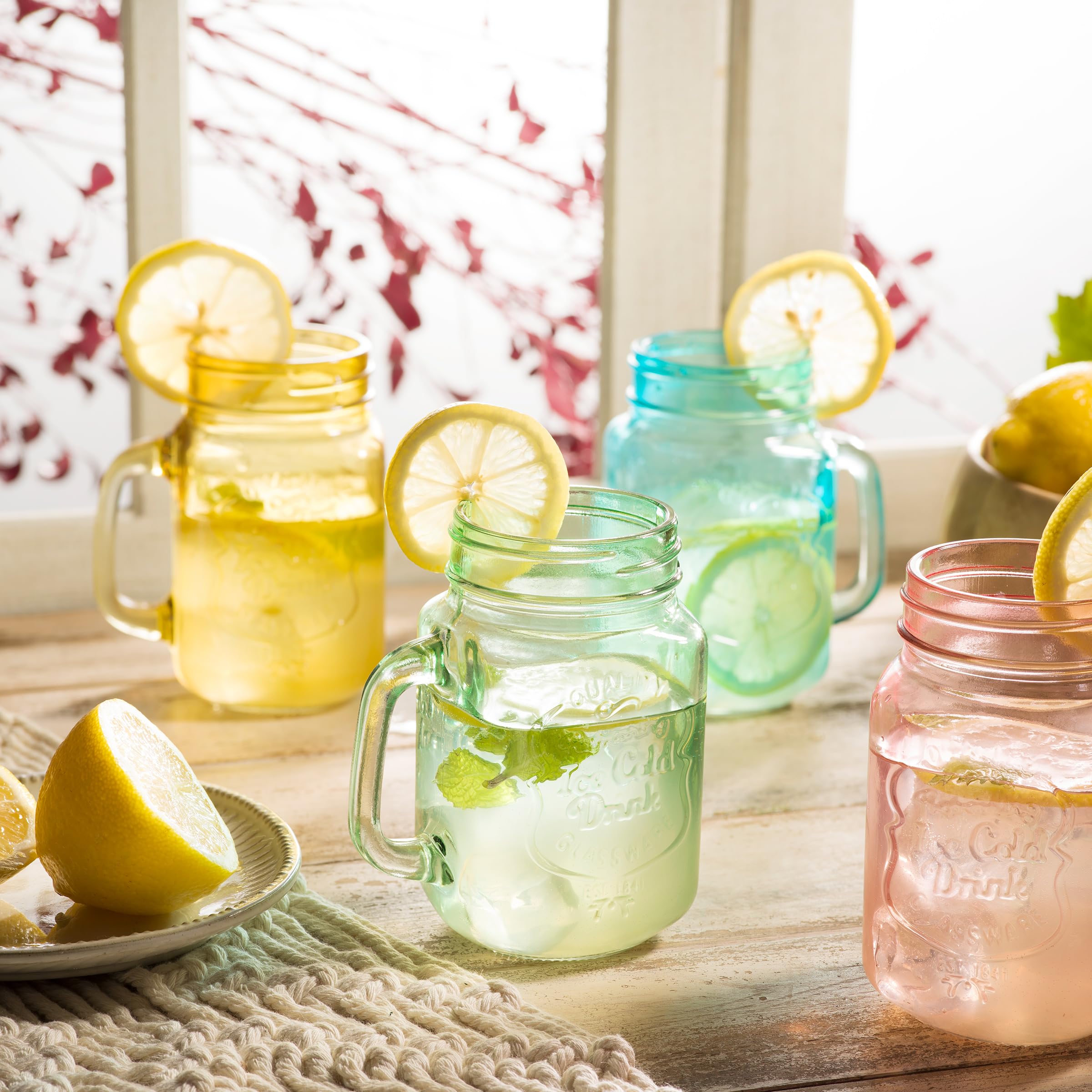 Glaver's Mason Jar Drinking Glasses Set Of 4, 15 oz. Colored Mugs With Embossed Ice-Cold Drinkware Logo, Glass Mason Jar Mug With Handle. For Smoothies, Cocktails, Beverages. Hand Wash  - Like New