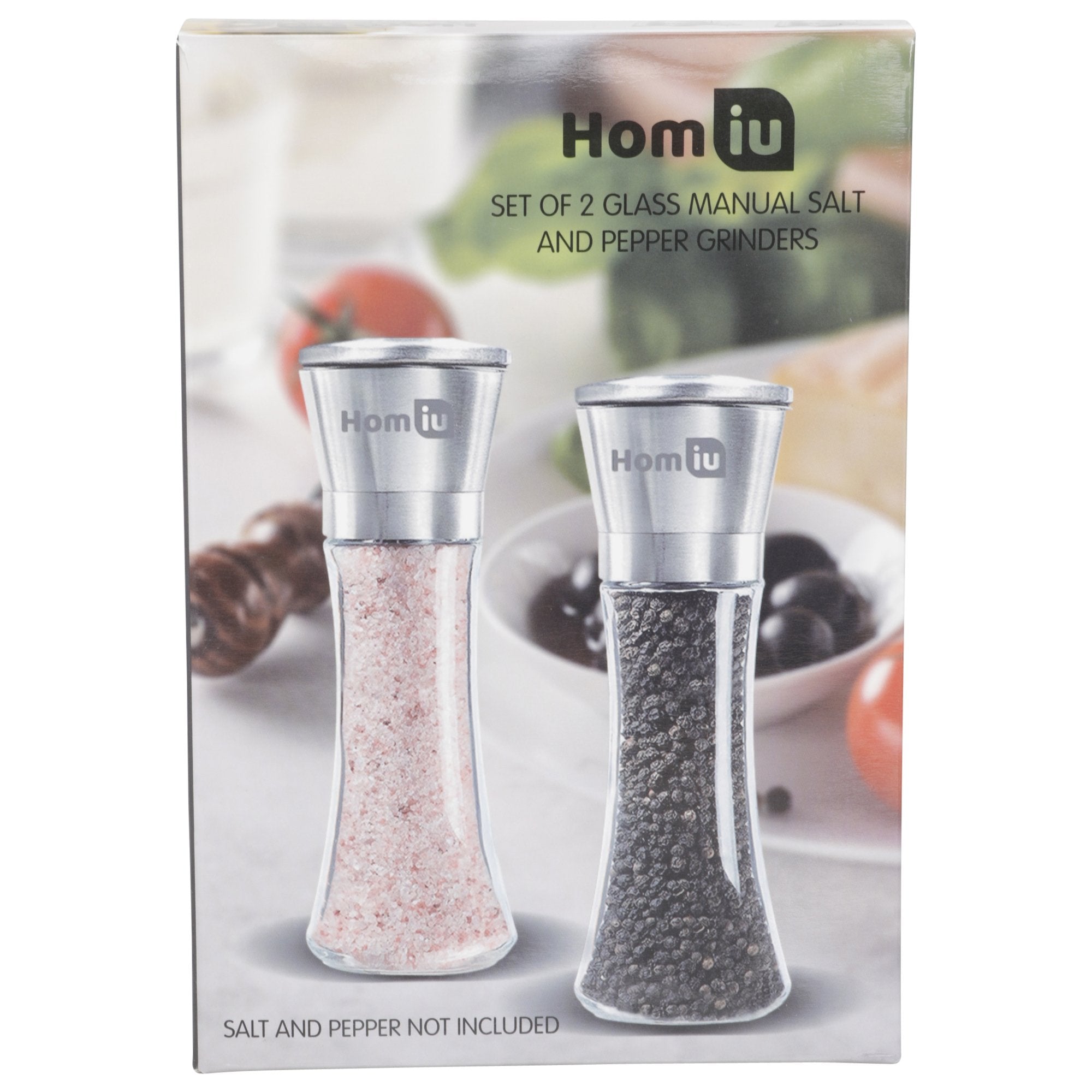 Homiu Salt and Pepper Grinder Mill Set of 2 Stainless Steel Adjustable Handheld Glass Bottle Large  - Very Good