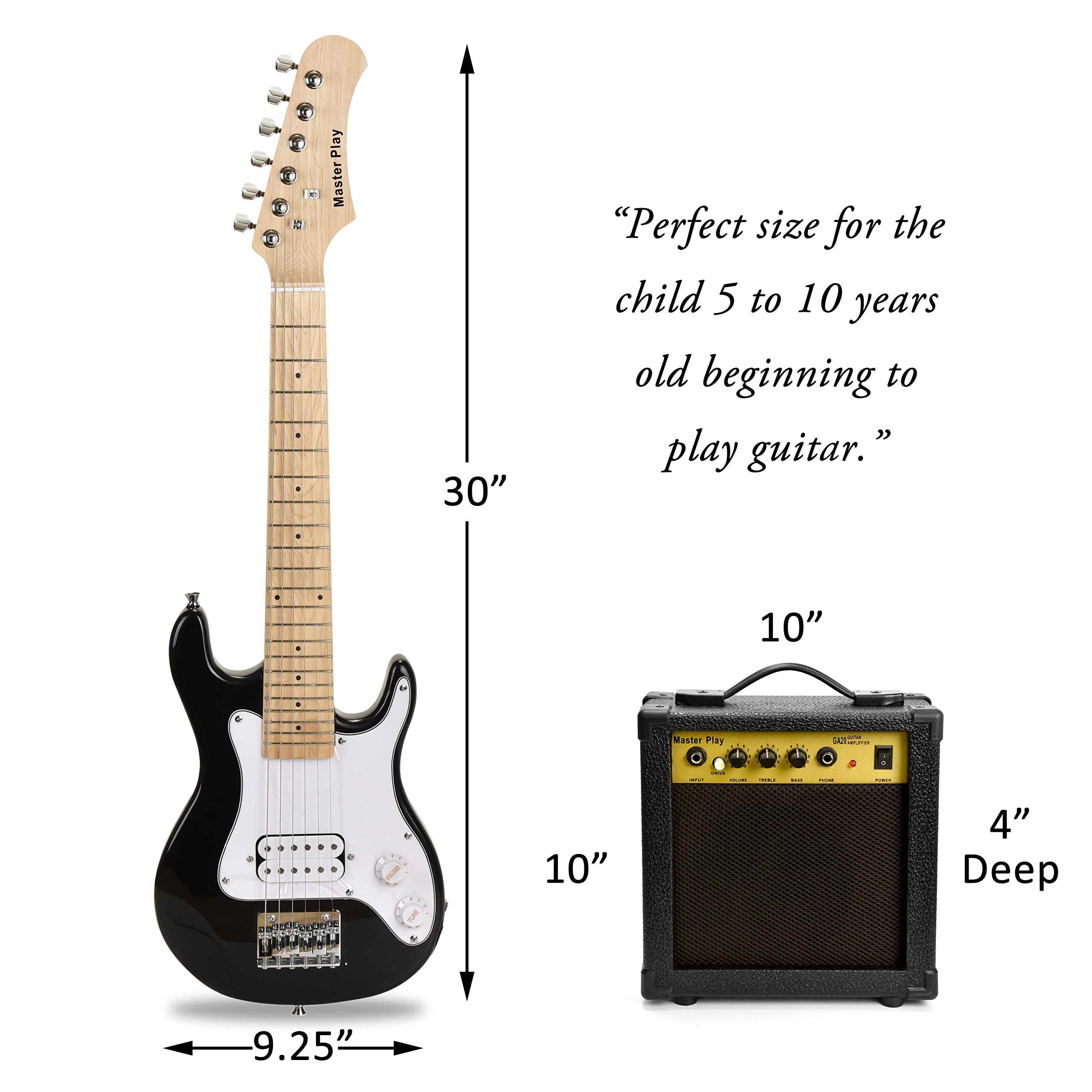 Master Play 30 Inch Electric Guitar,For Kids/beginner With Complete Starter Kit, 20 Watt Amp, 6 Extra String, Picks, Gig Bag, Shoulder Strap, Digital tuner, Cable, Wash Cloth  - Very Good