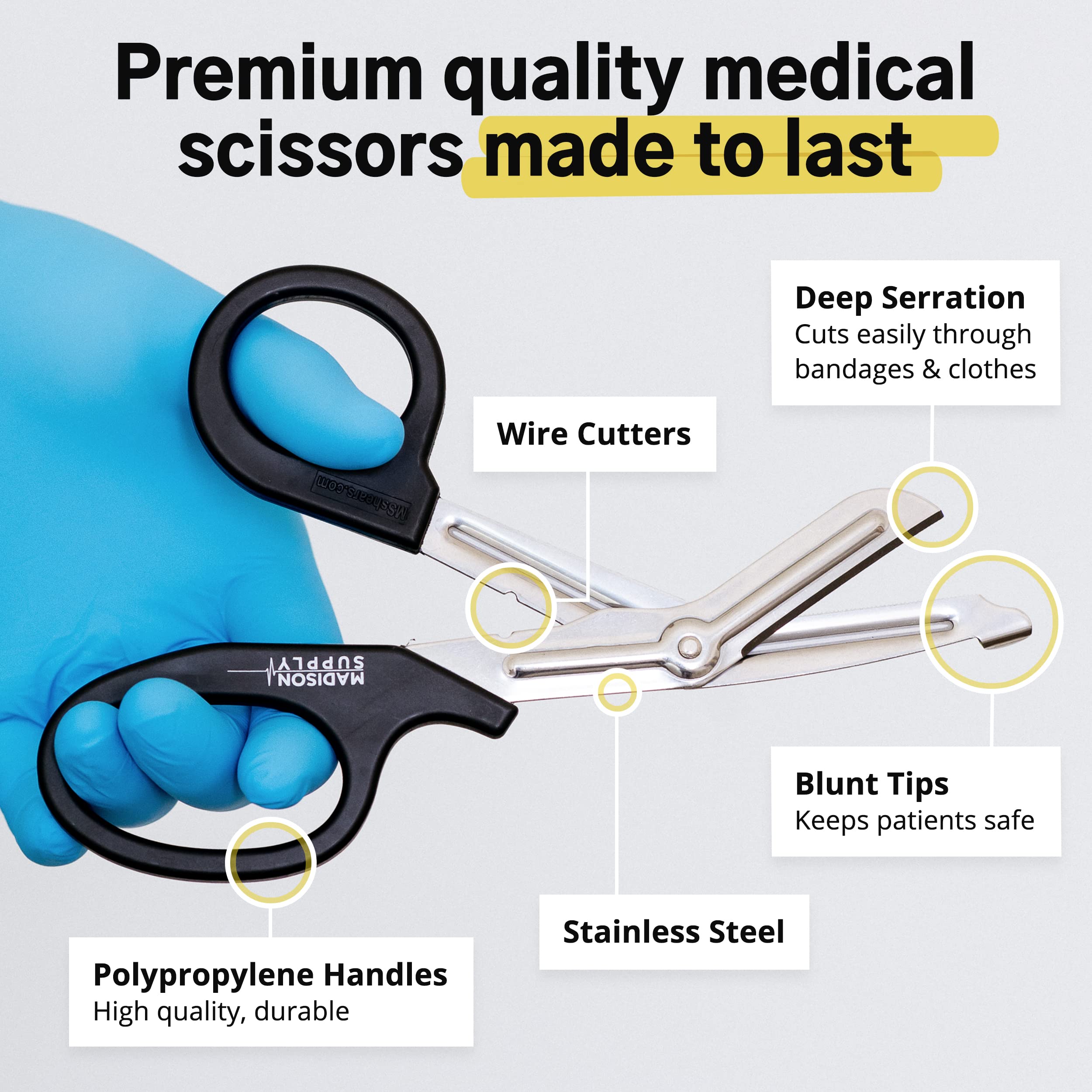 Madison Supply Medical Scissors, EMT and Trauma Shears - 7.5 Inch Premium Quality Stainless Steel Bandage Scissors - Fluoride-Coated with Non-Stick Blades - 1 Pack (Black/Stainless)  - Like New