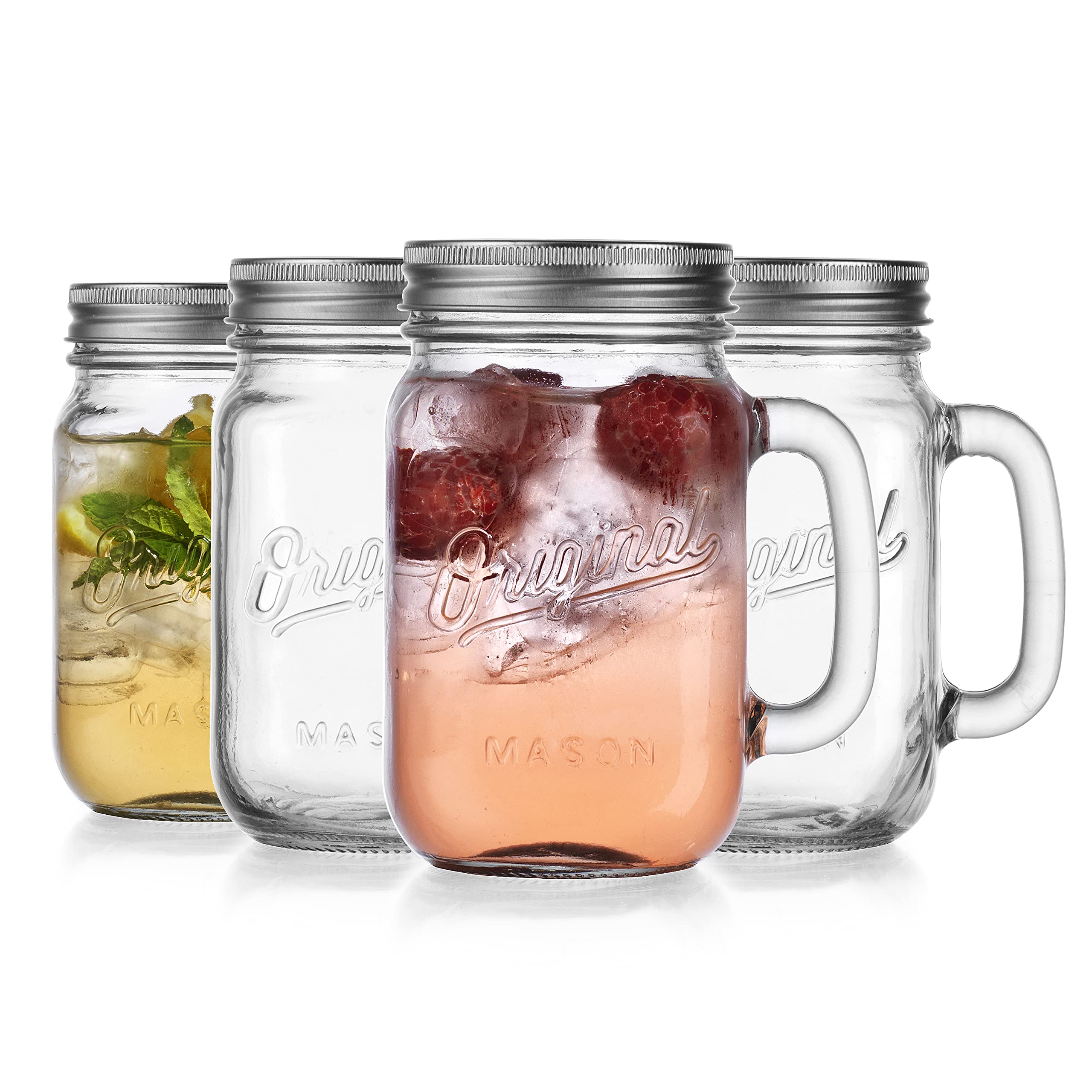 Mason Jar 16 Oz. Glass Mugs with Handle and Lid Set Of 4 - Home Essentials & Beyond - Old Fashioned Drinking Glass Bottles Original Mason Jar Pint Sized Cup Set.  - Acceptable
