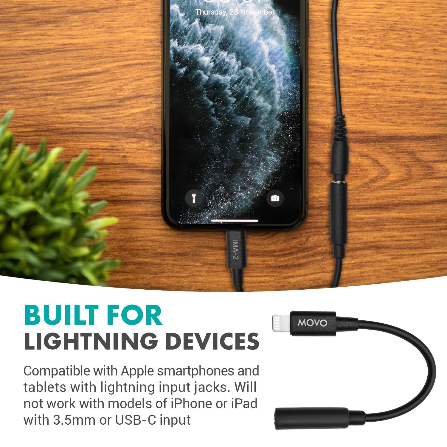 Movo IMA-2 3.5mm TRS to Lightning iPhone Headphone Adapter - Apple Headphone Adapter for iPhone - iPhone Aux Adapter for Mics and Headphones - 3.5 mm TRS Audio Cable to Lightning Adapter for Apple  - Good