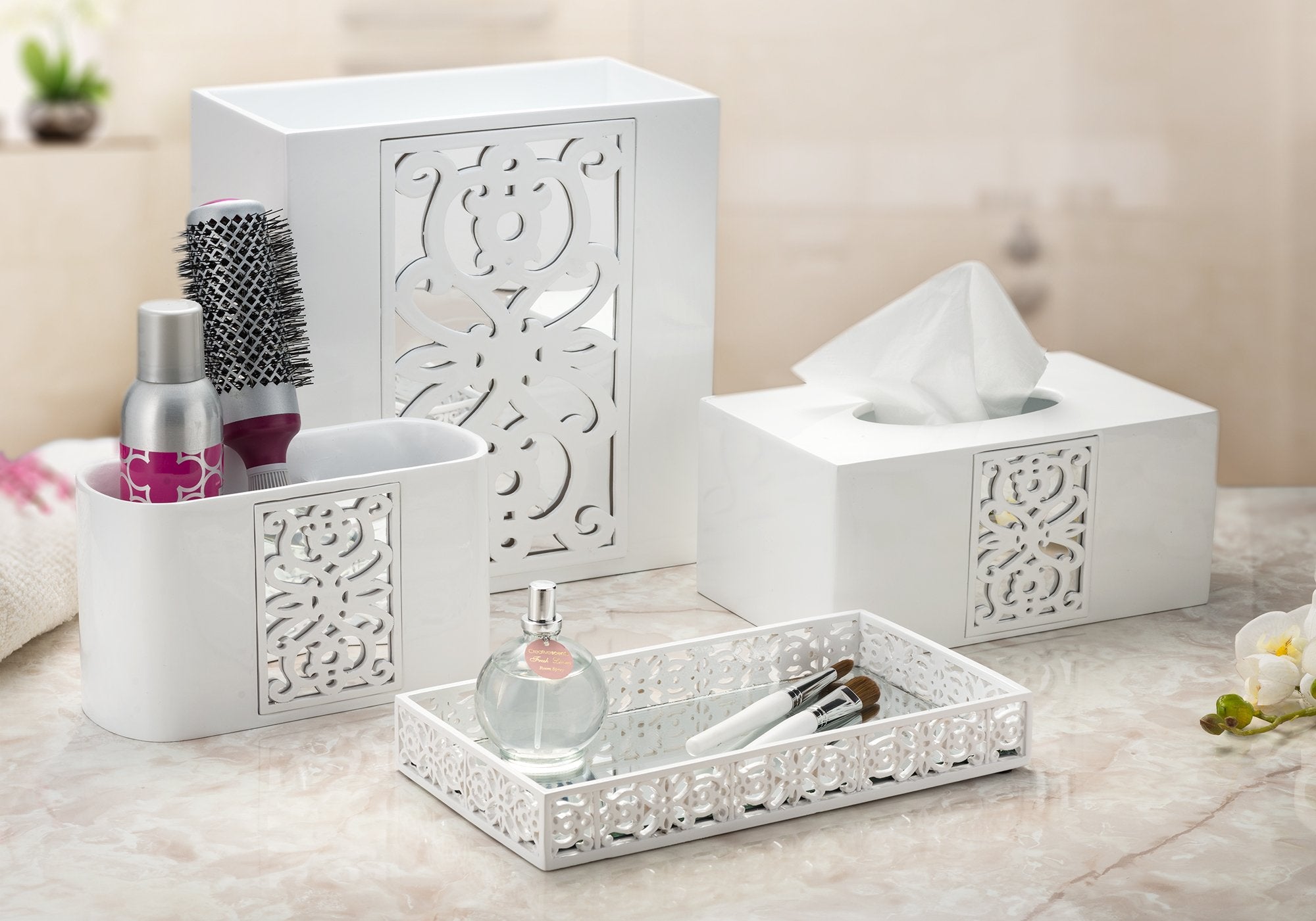 Creative Scents White Tissue Box Cover Rectangular - Decorative Tissue Box Holder for Bathroom with Durable Bottom Slider - Tissue Holder for Bathroom Made in Beautiful Mirror Janette Style  - Like New