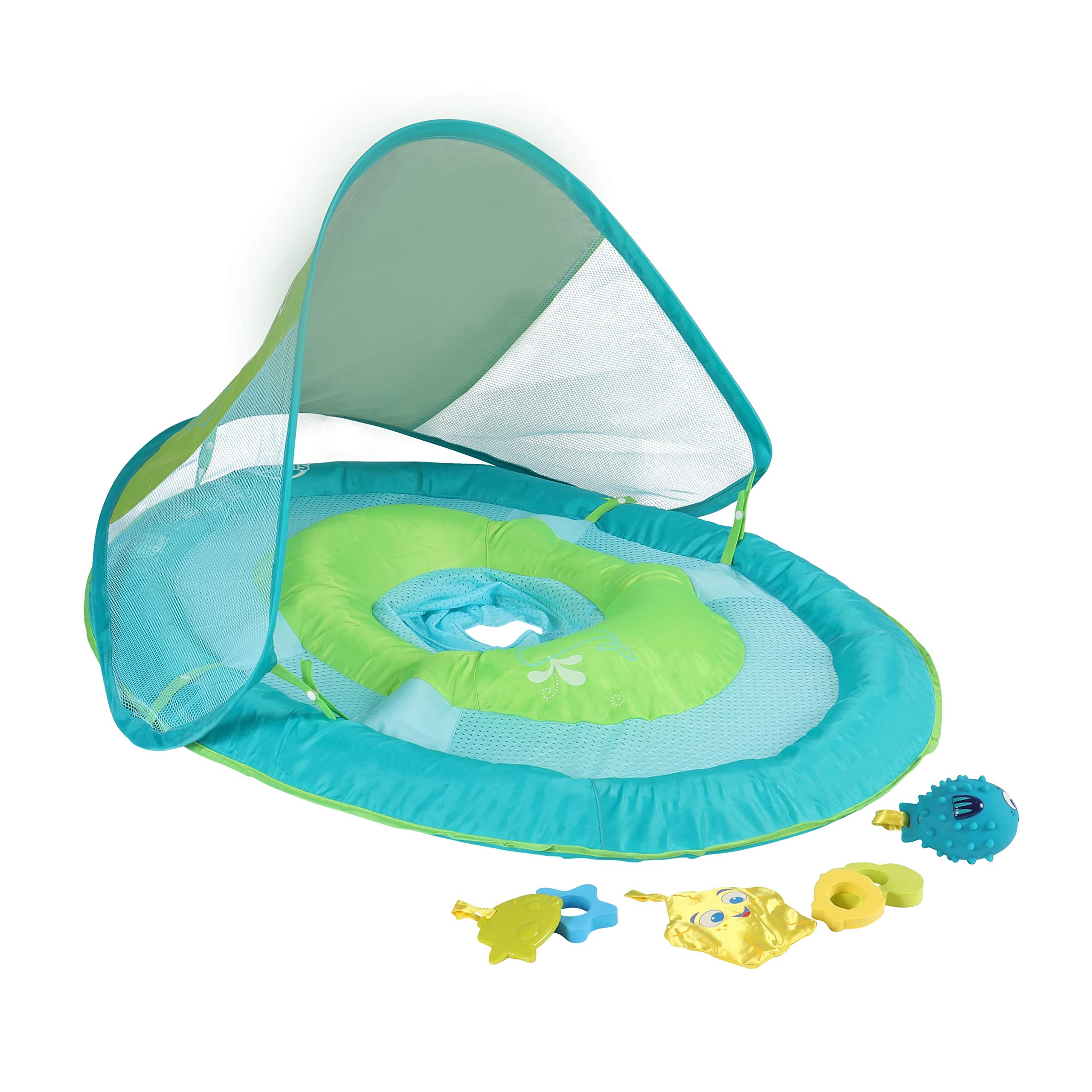 SwimWays Baby Spring Float with Canopy - Inflatable Float for Children with Detached Floating Toys and UPF Sun Protection - Aqua/Green