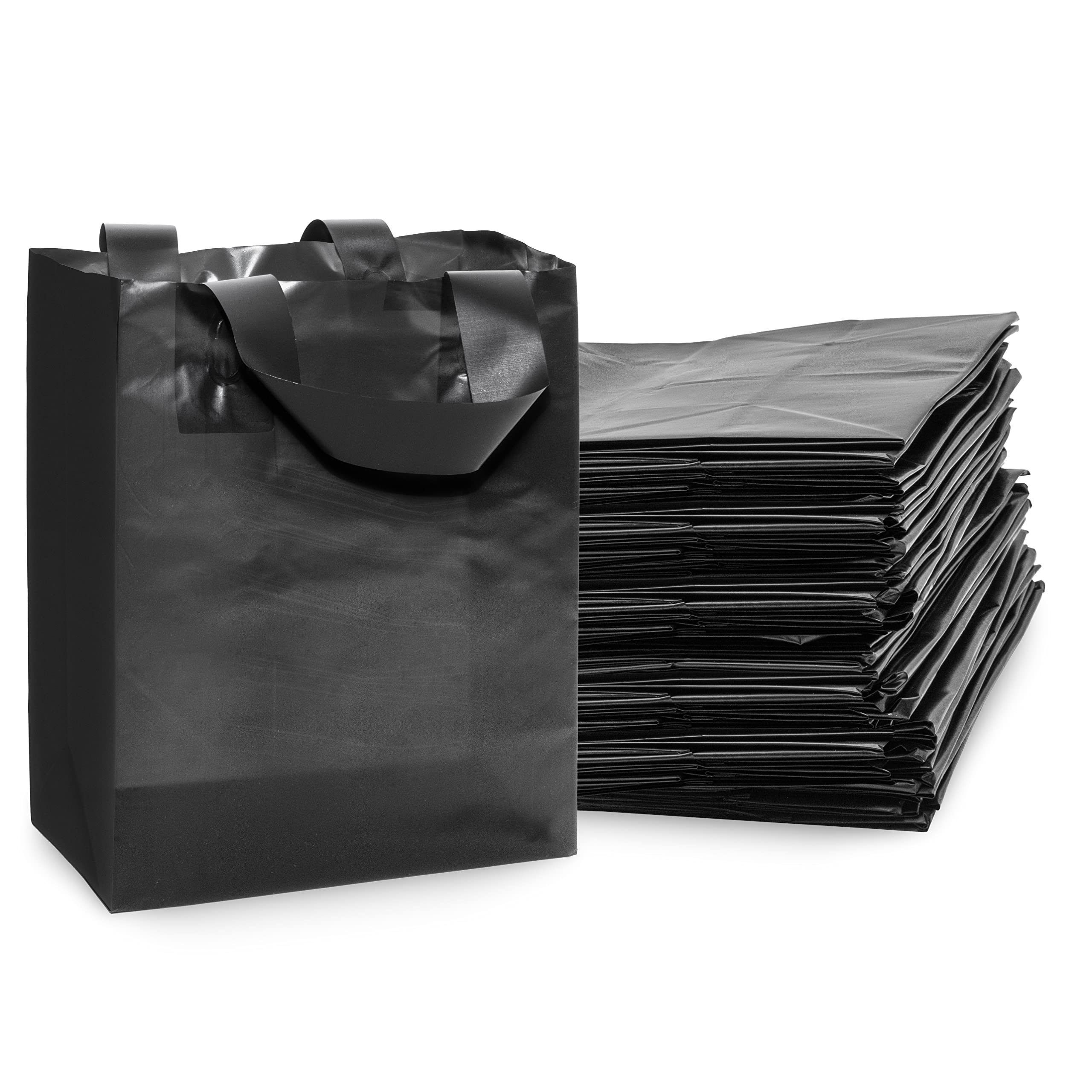 Prime Line Packaging 8x4x10 50 Pack Small Frosted Black Shopping Bags with Handles, Bags for Small Business, Boutique, Store Bags for Business, Bulk  - Very Good