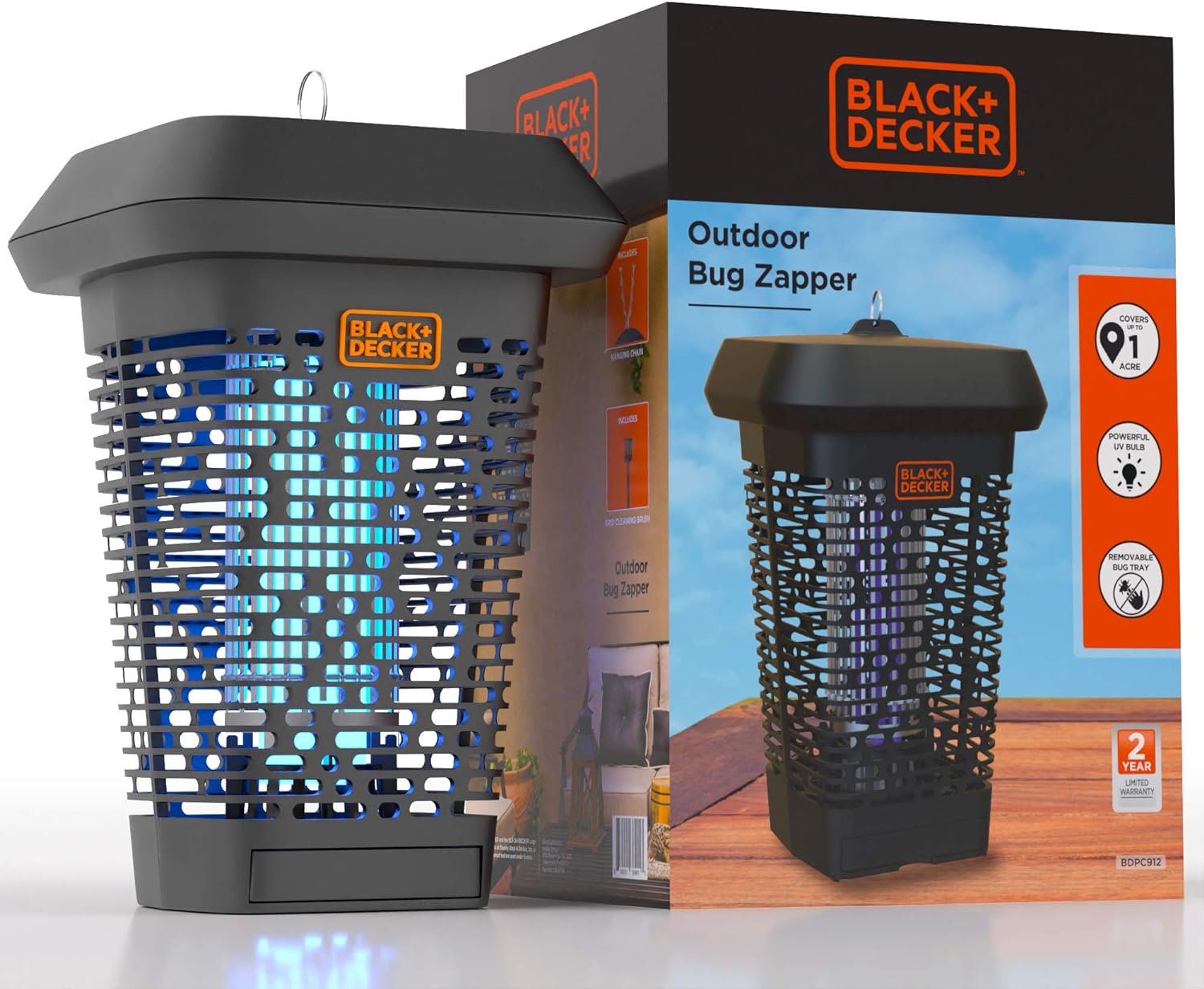 BLACK+DECKER Bug Zapper, Electric UV Insect Catcher & Killer for Flies, Mosquitoes, Gnats & Other Small to Large Flying Pests, 1 Acre Outdoor Coverage for Home, Deck, Garden, Patio, Camping & More