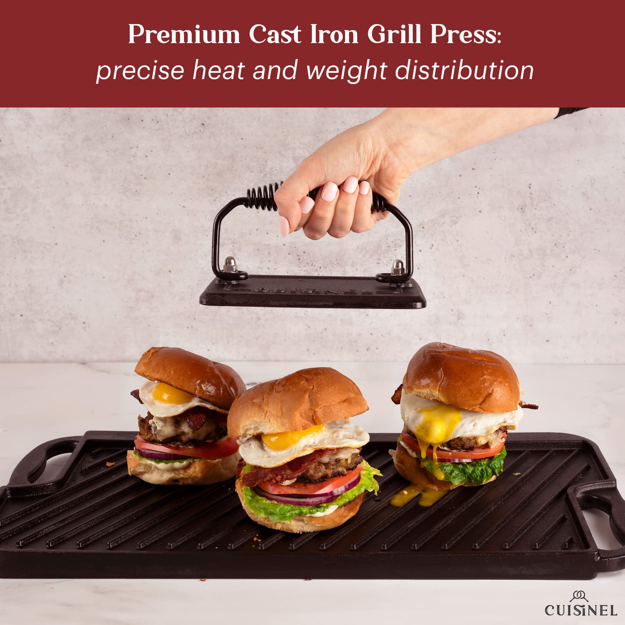 Cuisinel Cast Iron Griddle/Grill - Pre-Seasoned Reversible Blackstone Cover BBQ Accessories + Burger Hamburger Press Smasher + Pan Scraper/Cleaner for Skillets Frying Pans - Indoor/Outdoor  - Good