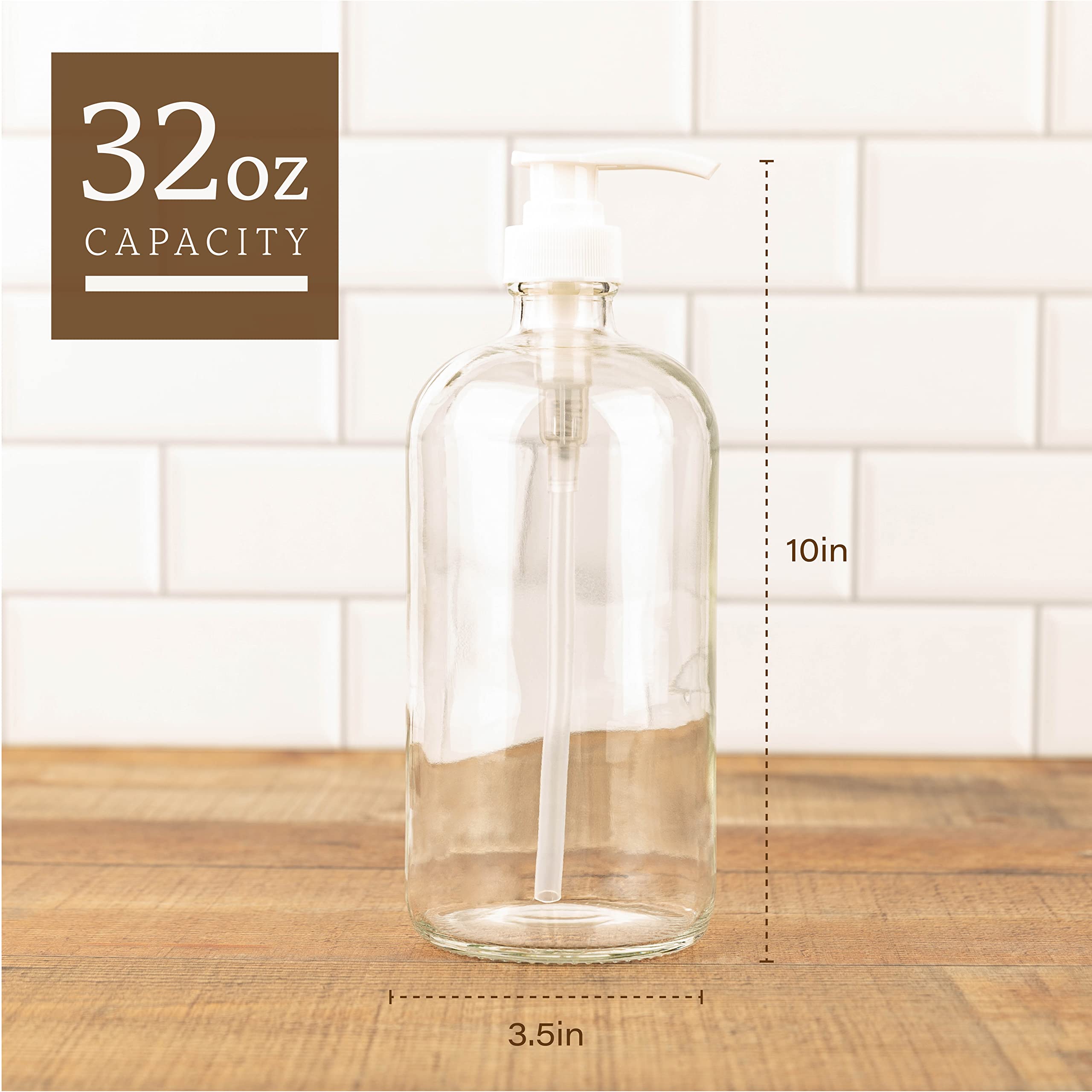 kitchentoolz 32-Ounce Large Clear Glass Boston Round Bottles w/Pumps. Great for Lotions, Soaps, Oils, Sauces - Food Safe and Medical Grade (Pack of 2)  - Like New