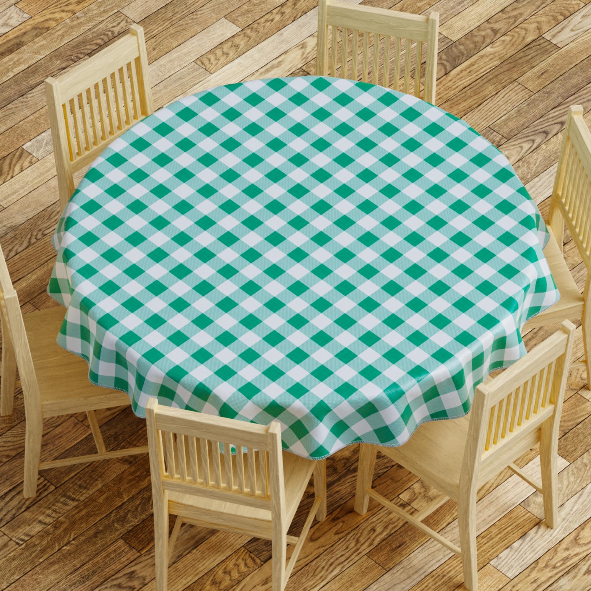 Sorfey Tablecloth - Vinyl with Flannel Back, 70" Round, Water Proof, Easy to Clean, Checked Green Design  - Like New