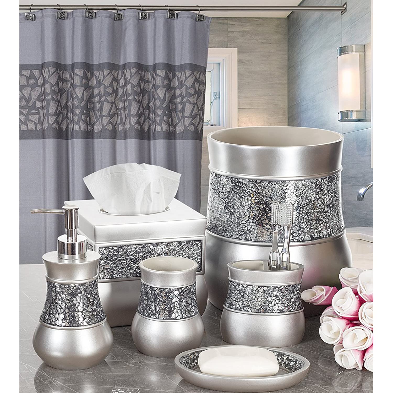 Creative Scents Silver Bathroom Accessories Set Complete - 6 Piece Mosaic Glass Bathroom Accessory Set Includes: Trash Can, Tissue Box Cover, Soap Dispenser, Toothbrush Holder, Soap Dish & Tumbler  - Like New