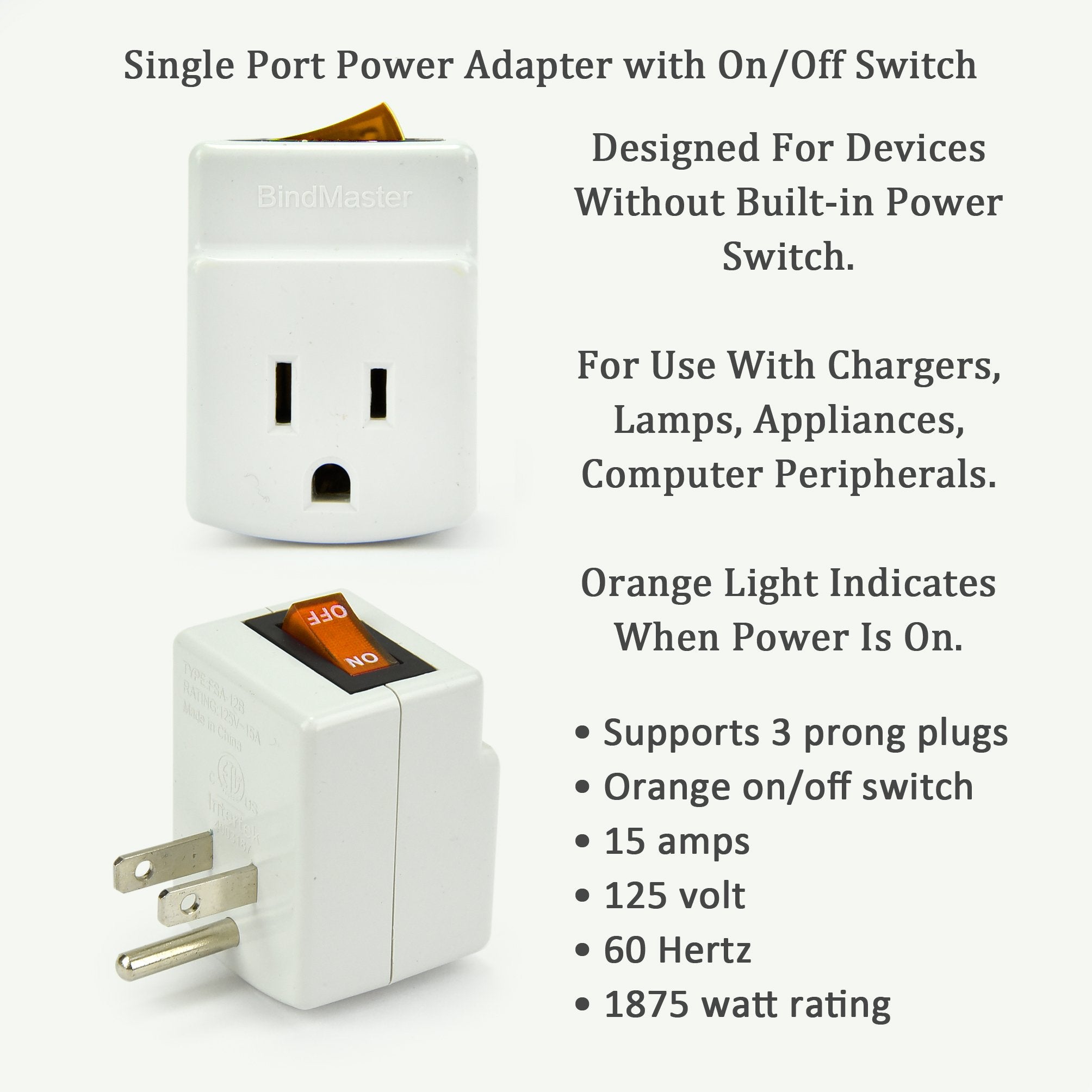 New! 3 Prong Grounded Single Port Power Adapter for Outlet with Orange Indicator On/Off Switch to be Energy Saving  - Like New
