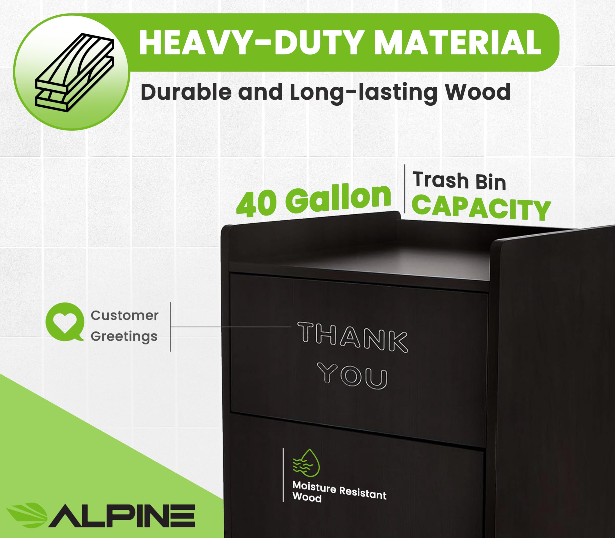 Alpine Industries 40 Gallon Wood Trash Can - Large Indoor Receptacle Enclosure with Drop Hole and Tray Shelf - Great for Restaurants, Cafeterias, Food Courts Variation  - Acceptable