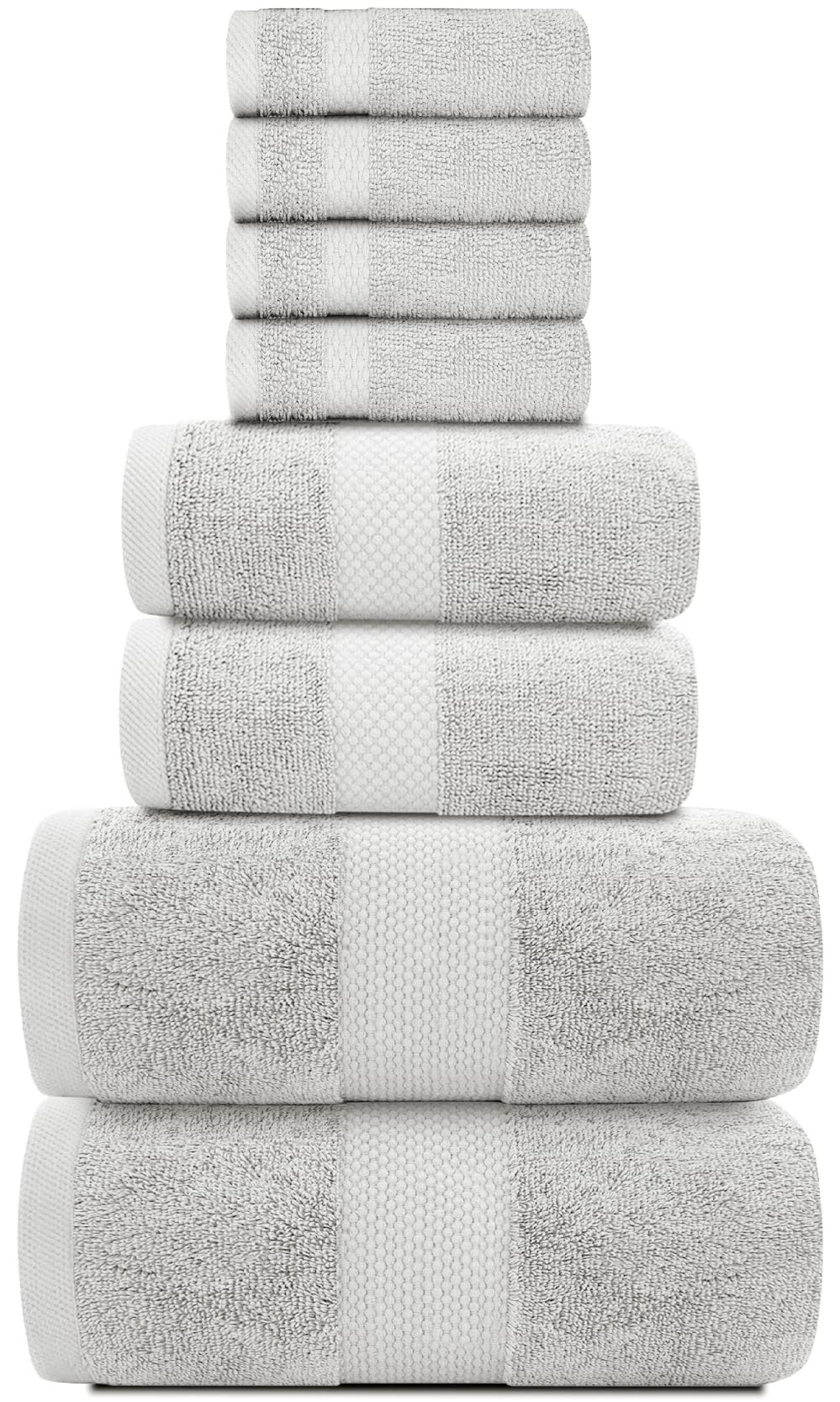 White Classic Luxury Silver Bath Towel Set - Combed Cotton Hotel Quality Absorbent 8 Piece Towels | 2 Bath Towels | 2 Hand Towels | 4 Washcloths [Worth $72.95] 8 Pack | Silver