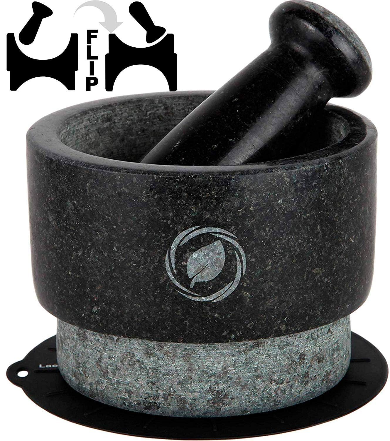 Laevo Mortar and Pestle Set (Large) | Stone Spice Grinder | 2.1 Cup Capacity | 5.5 inch | Reversible | Molcajete Mexicano | Guacamole, Pesto, Spices | Large Mortar & Pestles | Gift Set  - Acceptable