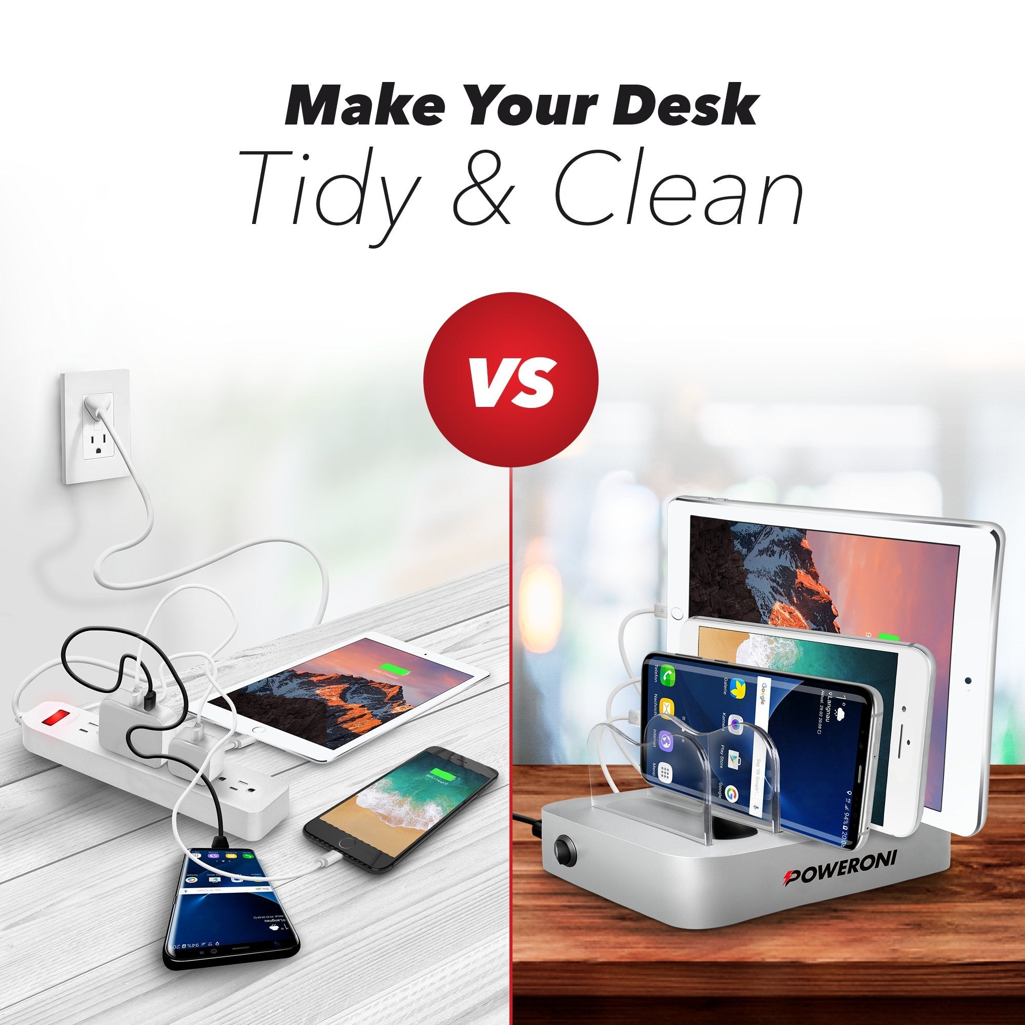Poweroni USB Charging Station for Multiple Devices Apple Android Compatible - Charging Station Organizers - Fast Charge Multi Device Phone Charger Station Charging Dock  - Very Good