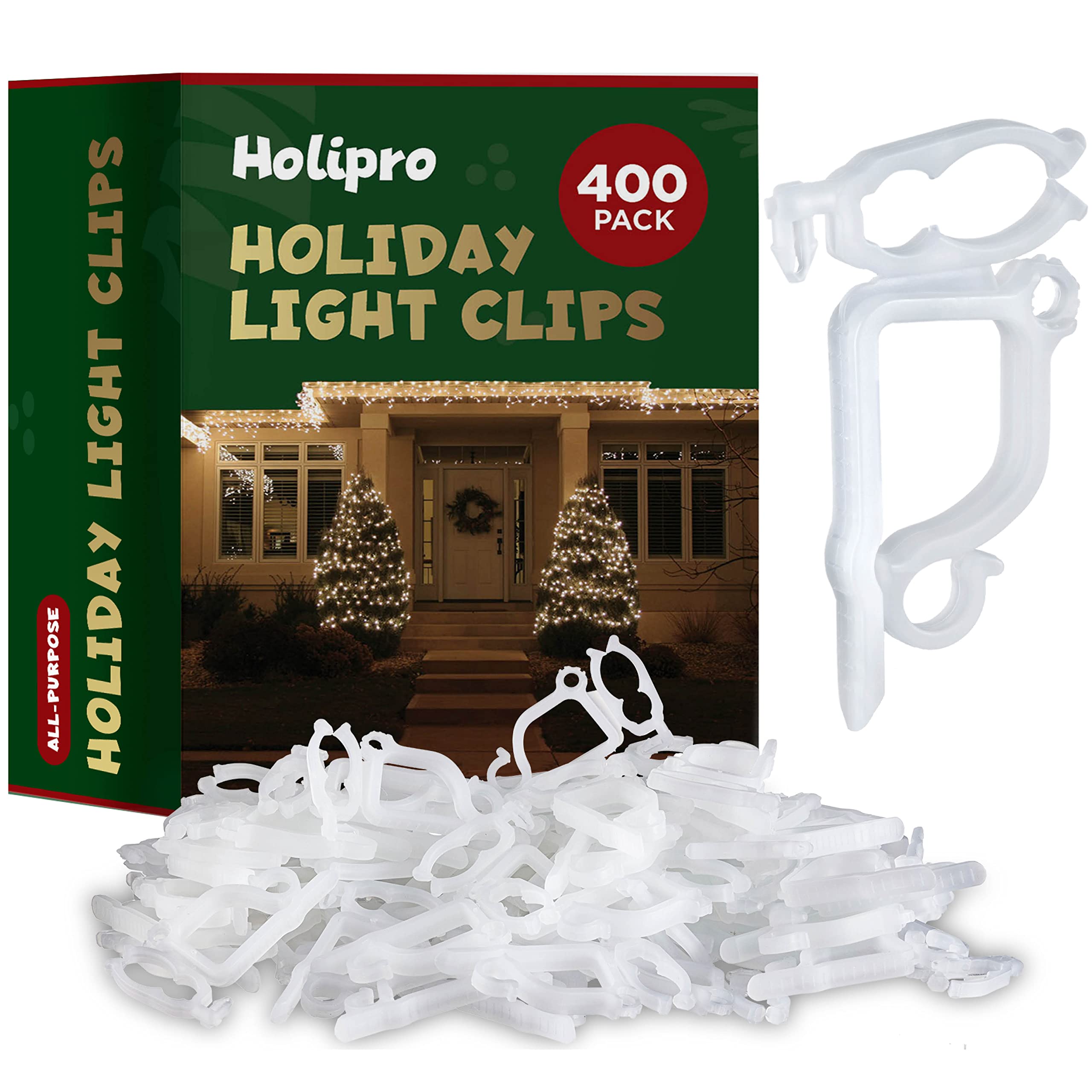 All-Purpose Holiday Light Clips [Set of 400] Christmas Light Clips, Outdoor Light Clips - Mount to Shingles & Gutters - Works with Mini, C6, C7, C9, Rope, Icicle Lights - No Tools Required - USA Made
