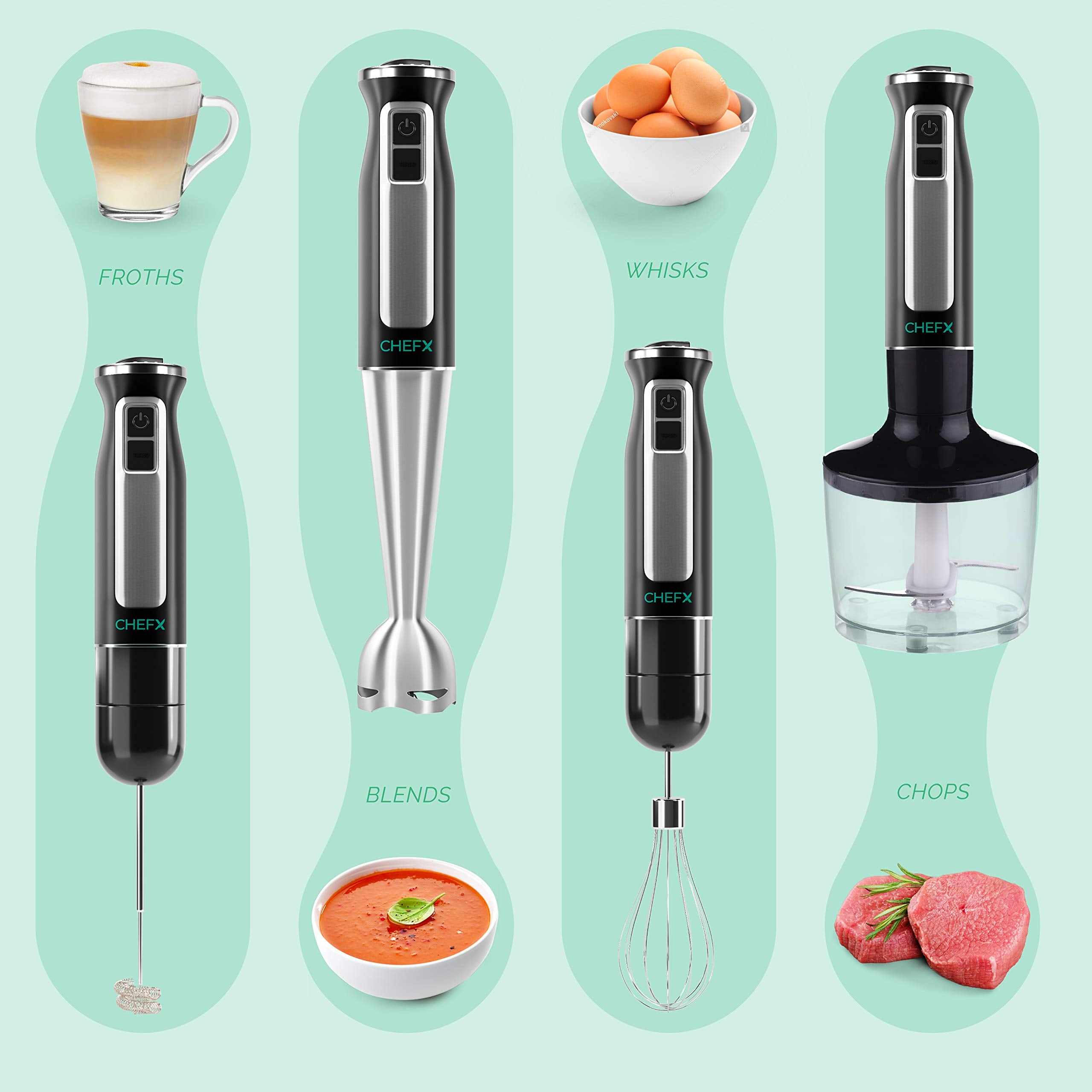 CHEFX 5-in-1 Immersion Blender - 9 Speed Ultra Powerful Stainless Steel Hand Mixer for Kitchen - Electric Handheld Stick Frother - Chop/Grind/Whisk/Froth/Blend - Turbo Mode - Food Grinder + Container  - Acceptable