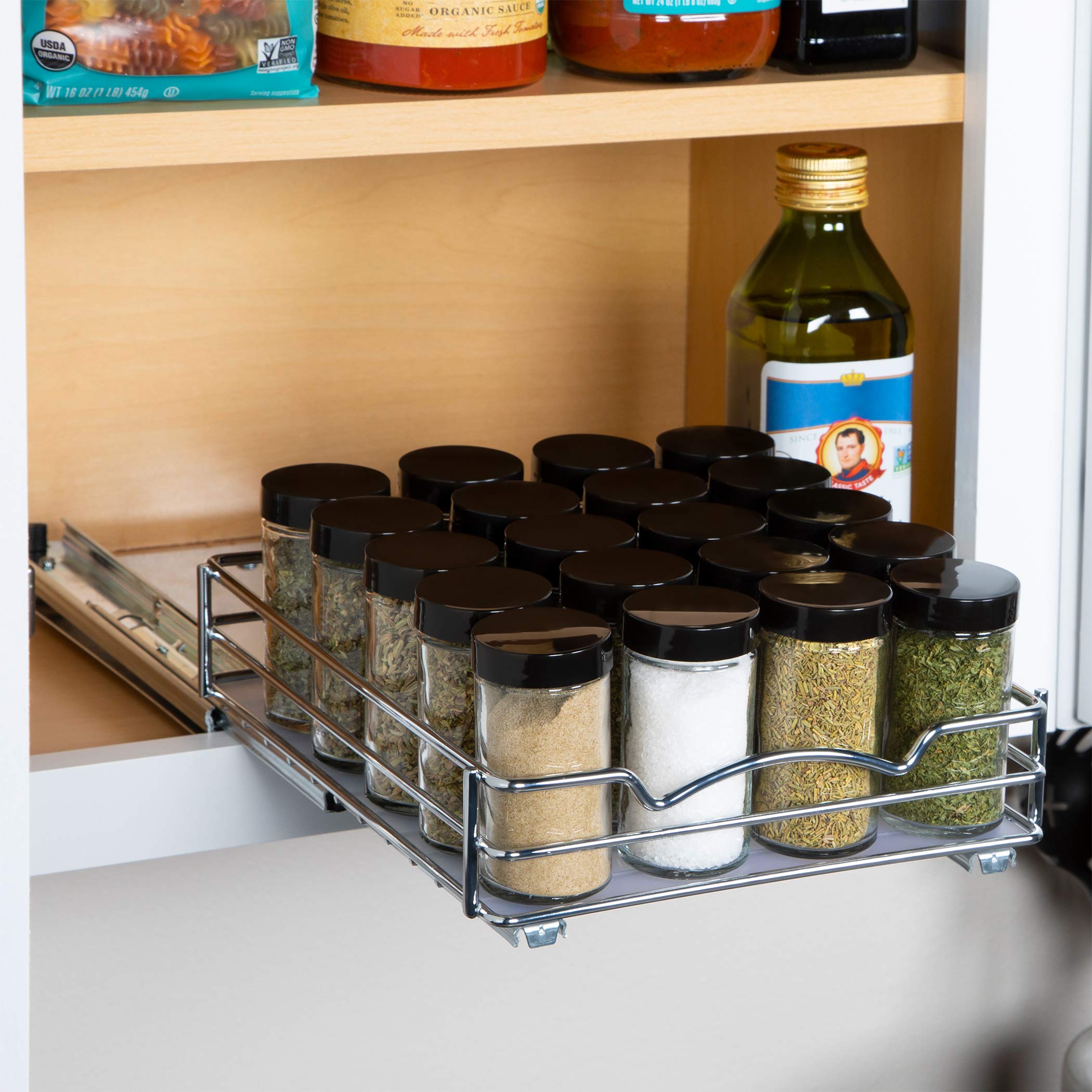 Pull Out Spice Rack Organizer for Cabinet, Heavy Duty-5 Year Limited Warranty, Chrome 8-3/8"Wx 10-3/8"D x 2-1/8 H Slide Out for Upper Kitchen Cabinets and Pantry, Fits Spices, Sauces, Canned Food etc.  - Like New