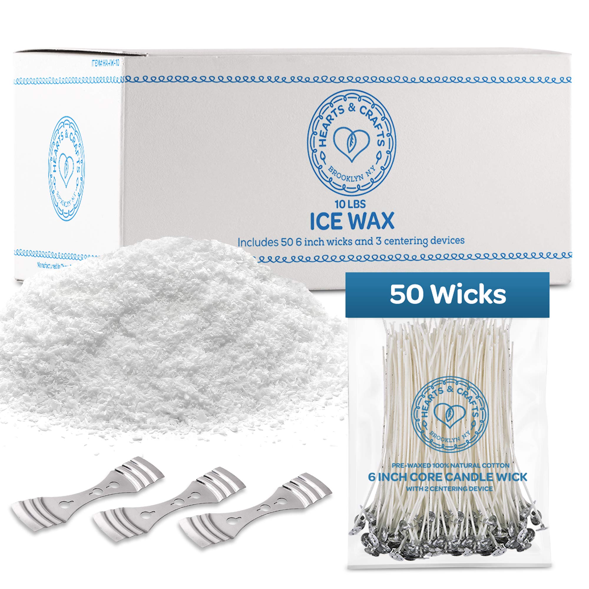 Hearts & Crafts Feathering Palm Candle Wax and Wicks for DIY Candle Making, All-Natural & RSPO Certified - 10lb Bag with 50ct 6” Pre-Waxed Candle Wicks, 3 Centering Device  - Like New