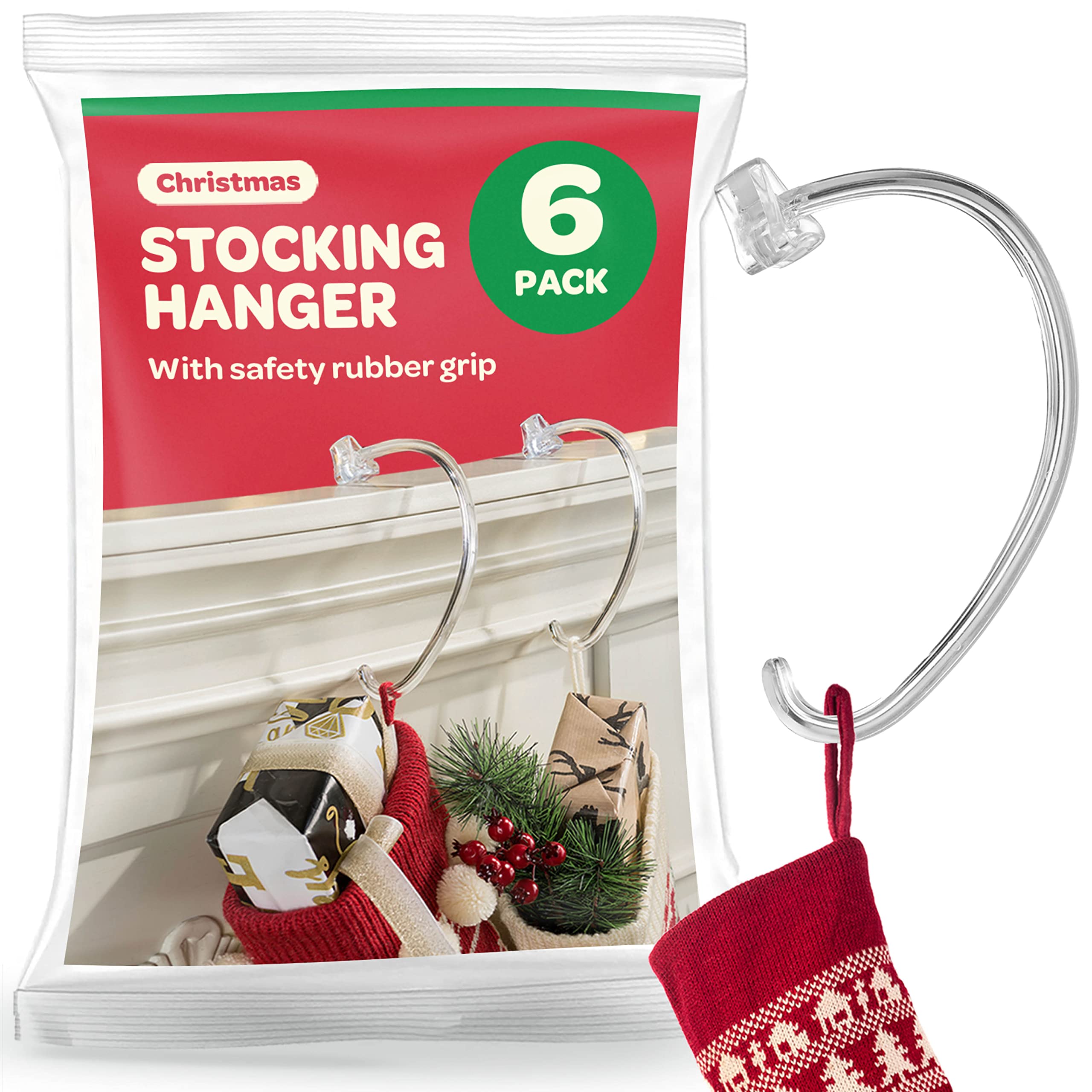 Christmas Stocking Holders For Mantle - [Set of 6] Stocking Hangers For Mantel - Safety Grip Stocking Hangers For Fireplace, Mantle Stocking Hanger - Safety-Grip - Made in the USA - No Tools Required