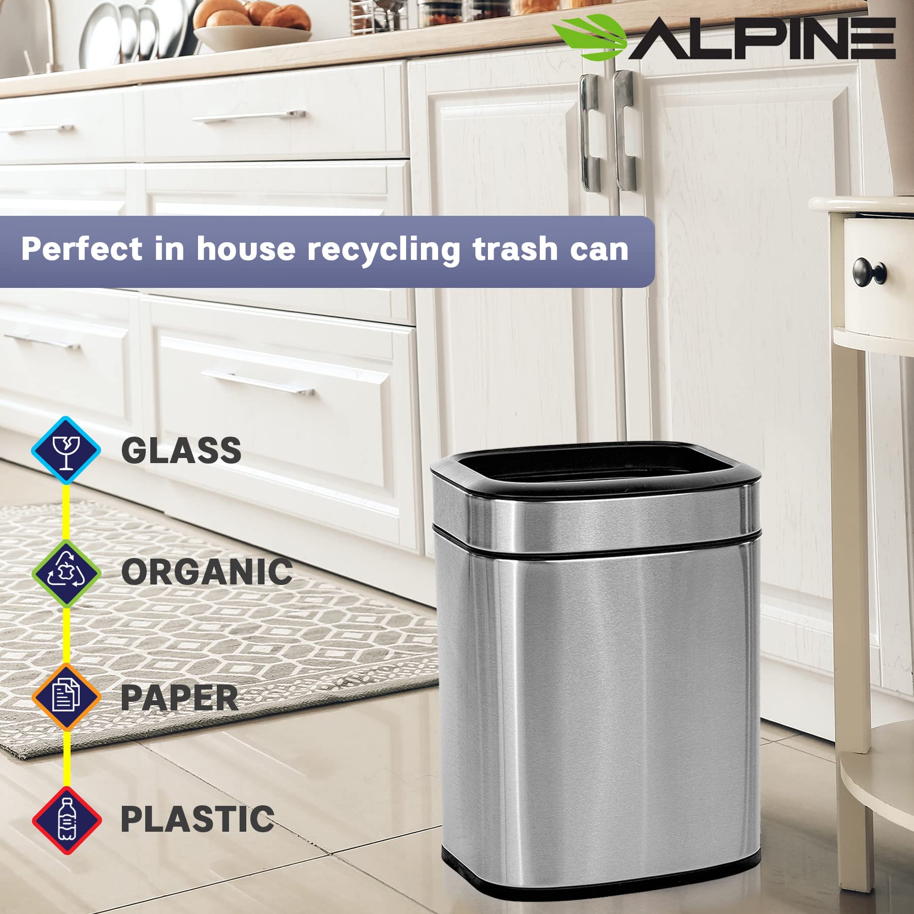 Alpine Industries 6 L / 1.6 Gal Stainless Steel Slim Open Trash Can - Compact Garbage Bin - Wide Access Top Slender Durable Receptacle with Sturdy Plastic Liner  - Like New