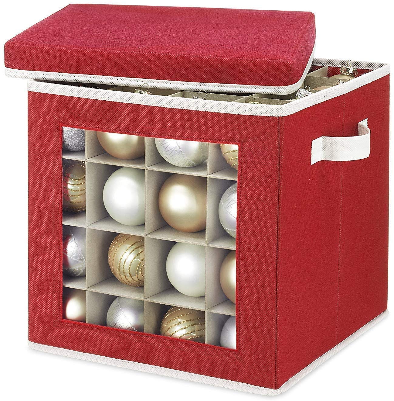 Whitmor Holiday Ornaments Storage Cube with 64 Individual Compartments - Made with Non-Woven Polypropylene Fabric - Transparent Cover for Easy Viewing - Removable Top and Convenient Handle  - Like New