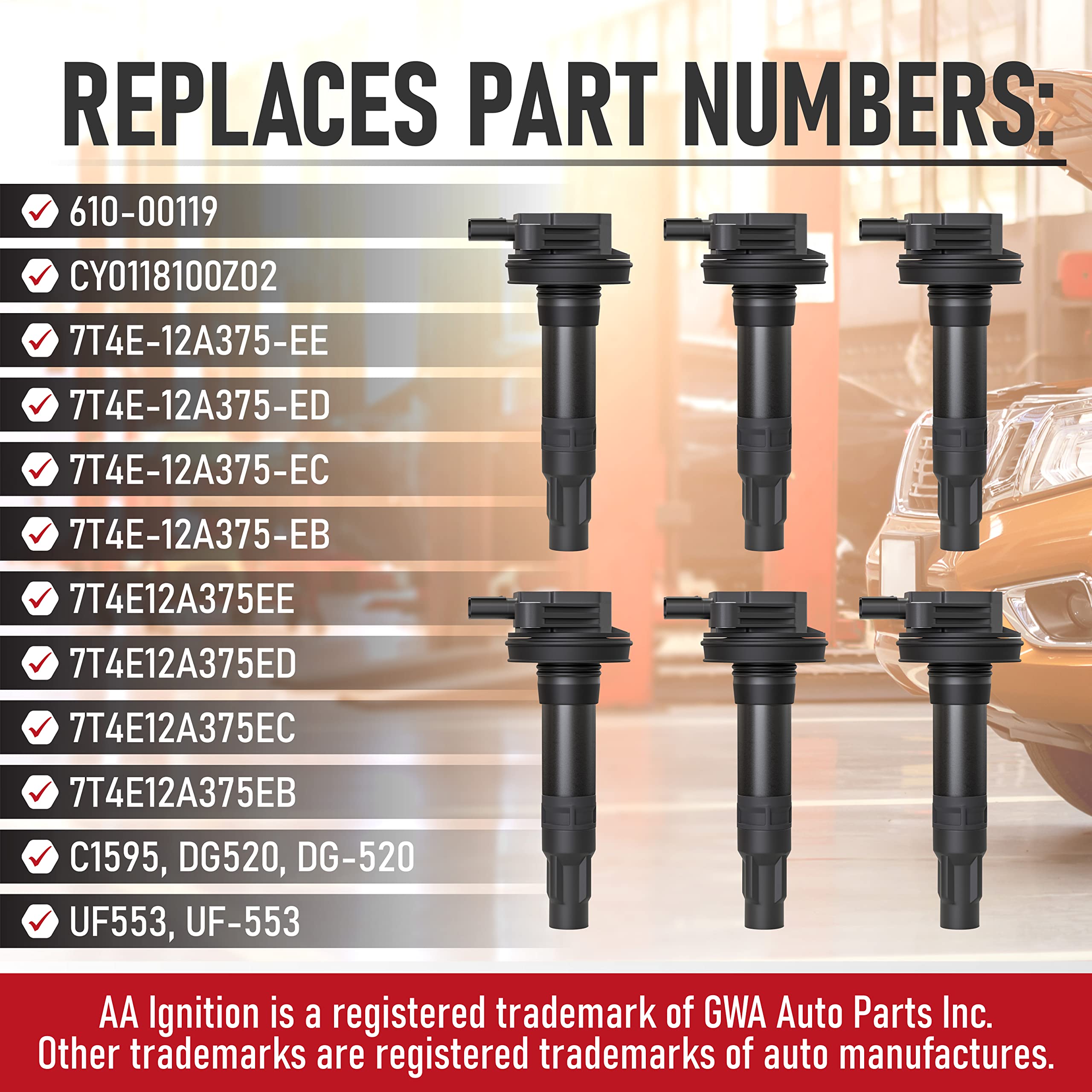 Ignition Coil Pack Set of 6 - Compatible with Ford, Mercury, Mazda & Lincoln Vehicles - 3.5L, 3.7L V6 Edge, F150, Explorer, Mustang, Taurus X, MKZ - Replaces 7T4E-12A375-EE, DG520, 7T4Z12029E, DG-520  - Very Good