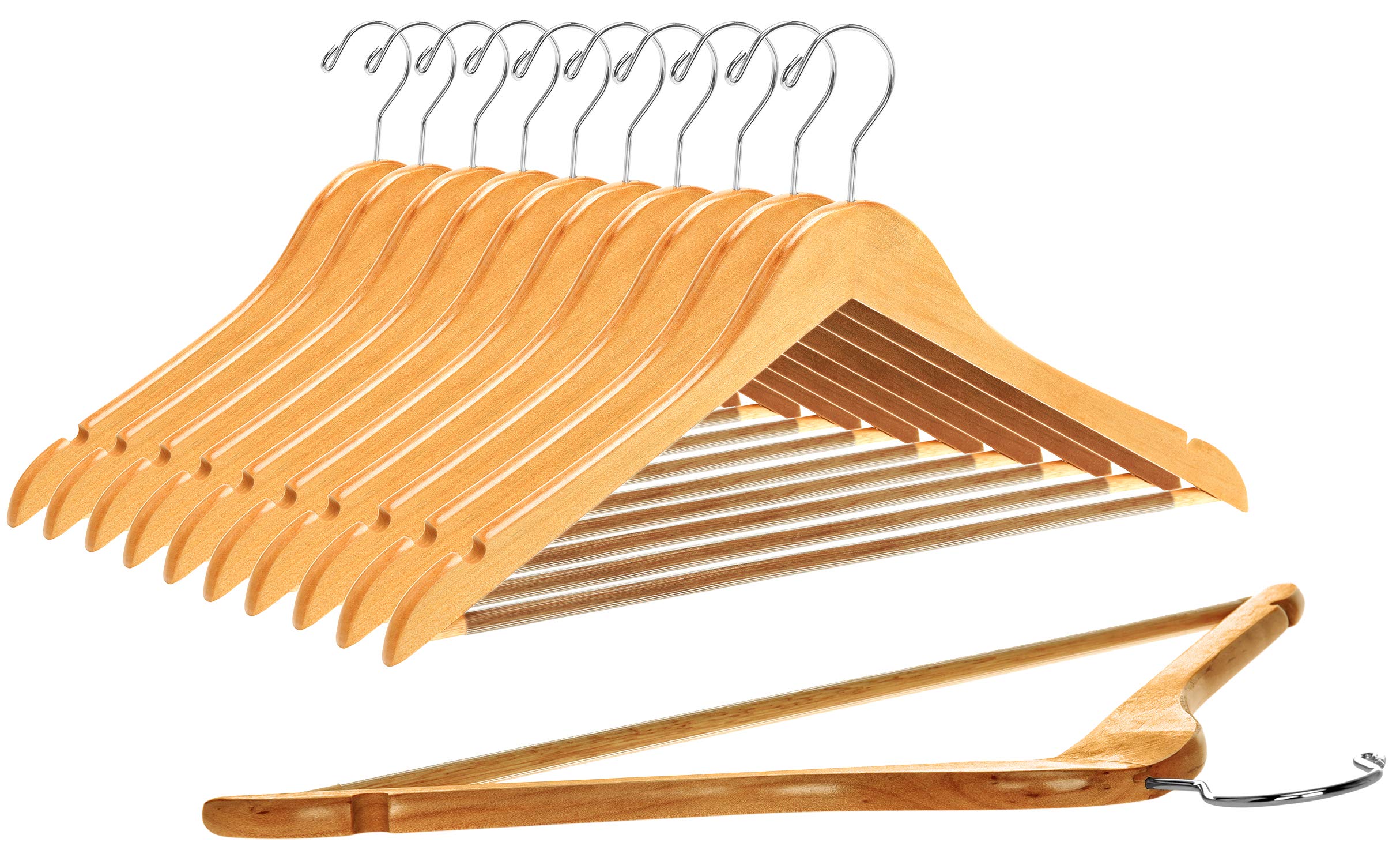 Quality Wooden Hangers - Slightly Curved Hanger Set - Solid Wood Coat Hangers with Stylish Chrome Hooks - Heavy-Duty Clothes, Jacket, Shirt, Pants, Suit Hangers (Natural, 10)  - Like New