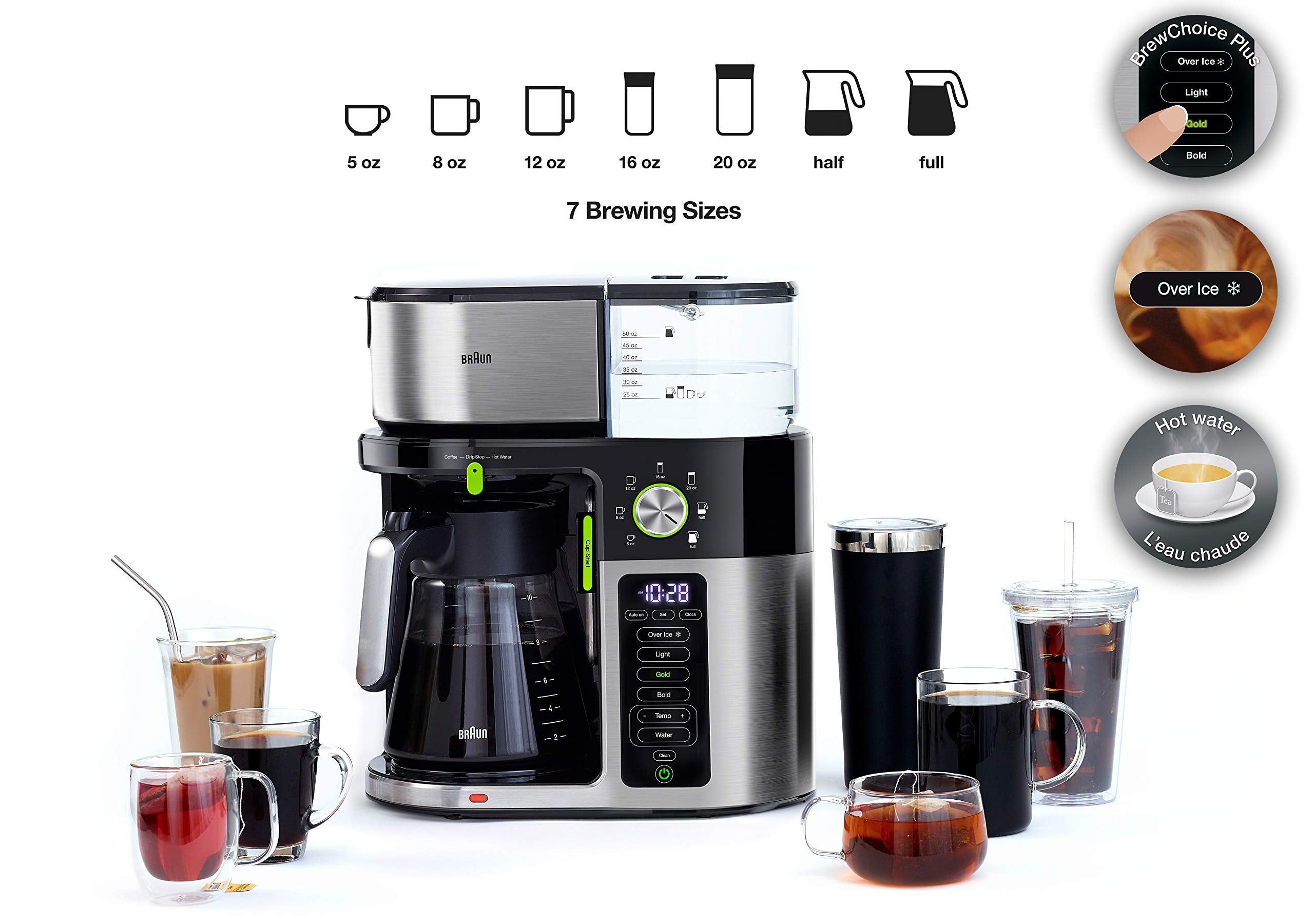 Braun 7 Programmable Brew Sizes / 3 Strengths + Iced Coffee & Hot Water for Tea, Glass Carafe (10-Cup)  - Acceptable