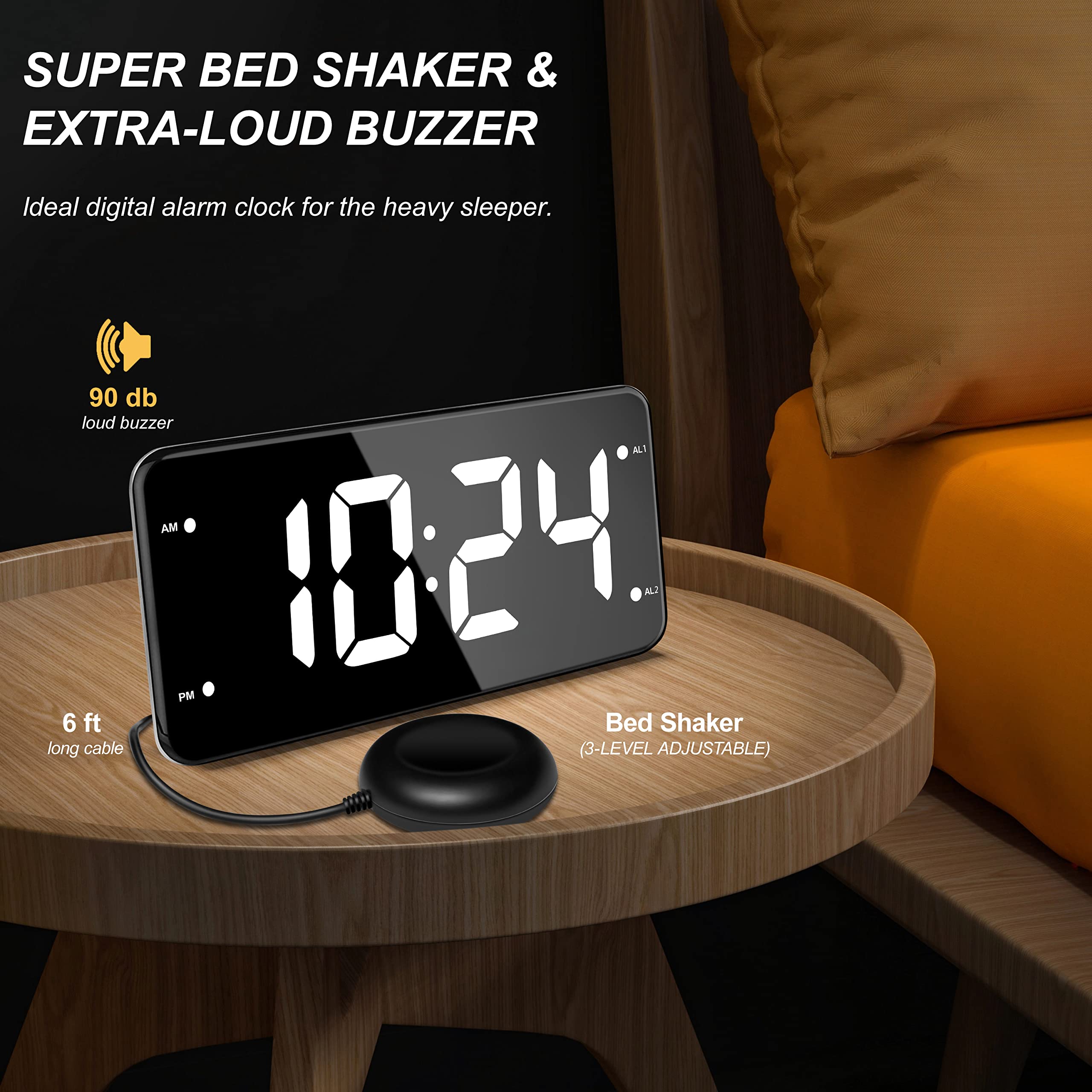 Digital Loud Alarm Clock for Heavy Sleepers Adults with Bed Shaker - Ideal for Hearing Impaired People - Dual Alarm Settings & 2 USB Charger - 7 Inch Display  - Like New