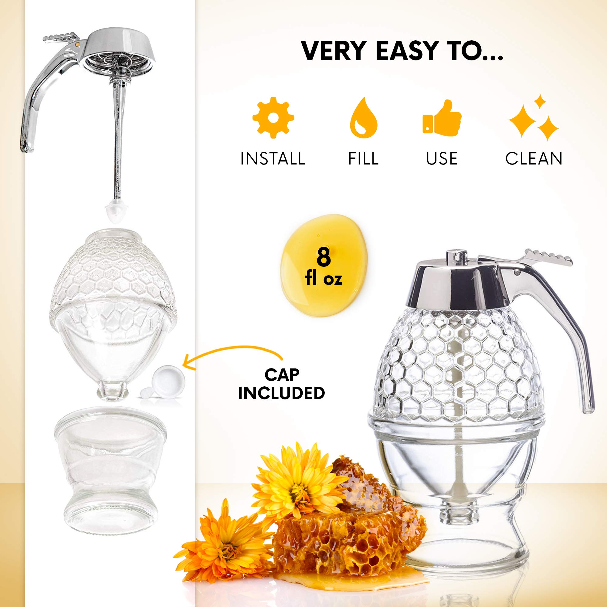 hunnibi Honey Dispenser PLUS - Glass Honey Dispenser No Drip Glass with Stand and STAINLESS STEEL TOP - Syrup Dispenser Glass - Beautiful Honey Pot - Honey Jar with Stand  - Like New