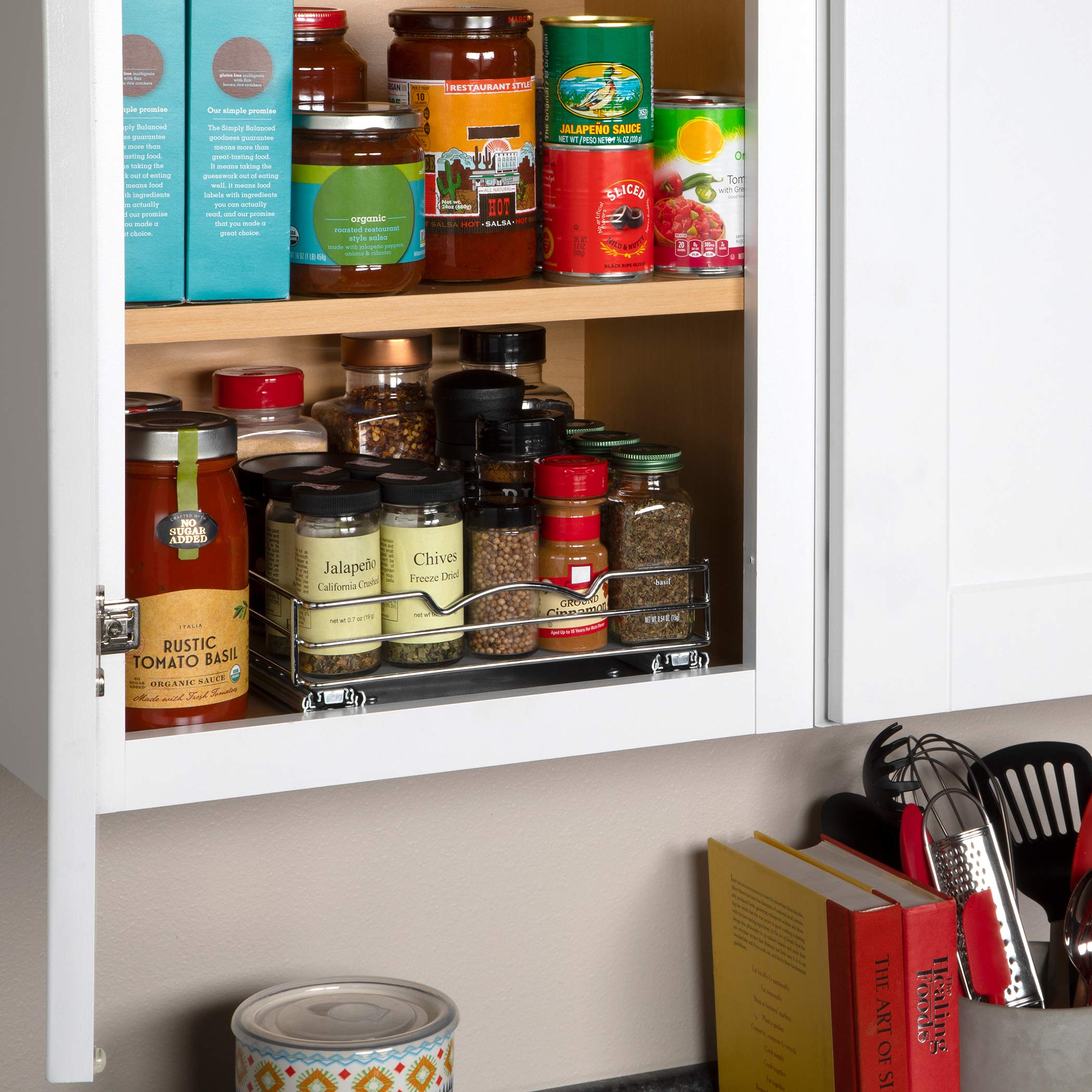 Pull Out Spice Rack Organizer for Cabinet, Heavy Duty-5 Year Limited Warranty- Chrome Slide Out Spice Rack 10-3/8"Wx 10-3/8"D x 2-1/8 H for Kitchen Cabinets and Pantry, for Spices, Sauces, Cans etc.  - Like New