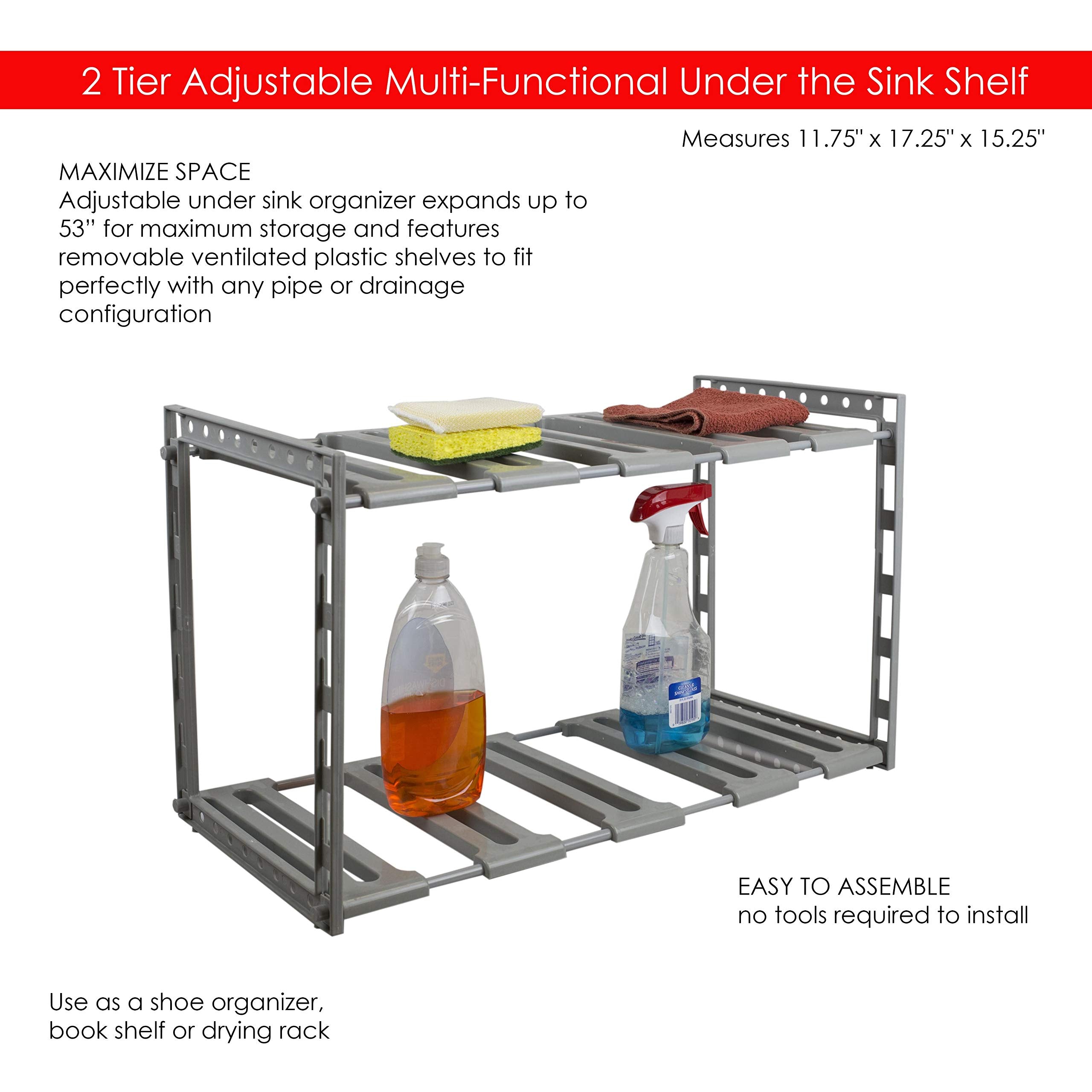 Home Basics 2 Tier Adjustable Multi-Functional Plastic Under Sink Organizer, Grey  - Very Good