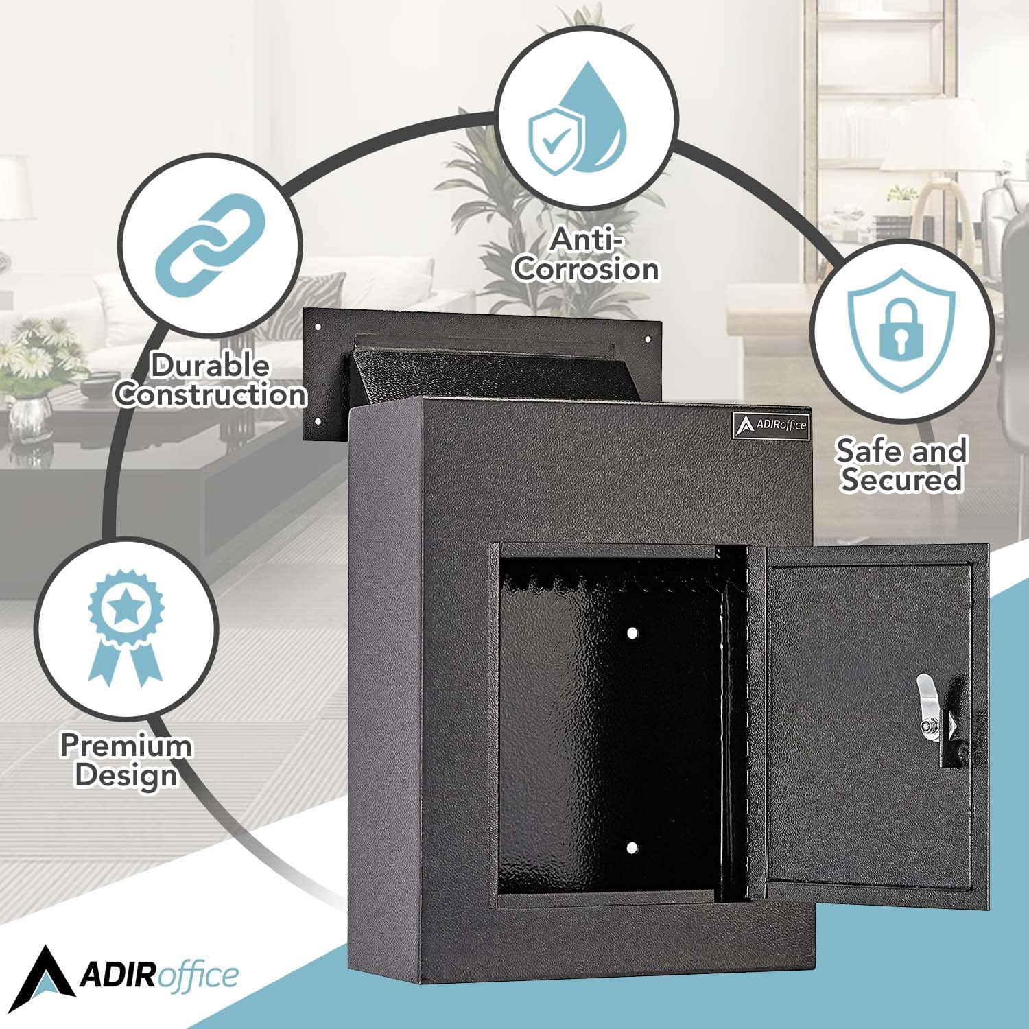 AdirOffice Through The Wall Drop Box Safe - Durable Thick Steel w/Adjustable Chute - Mail Vault for Home Office Hotel Apartment  - Very Good