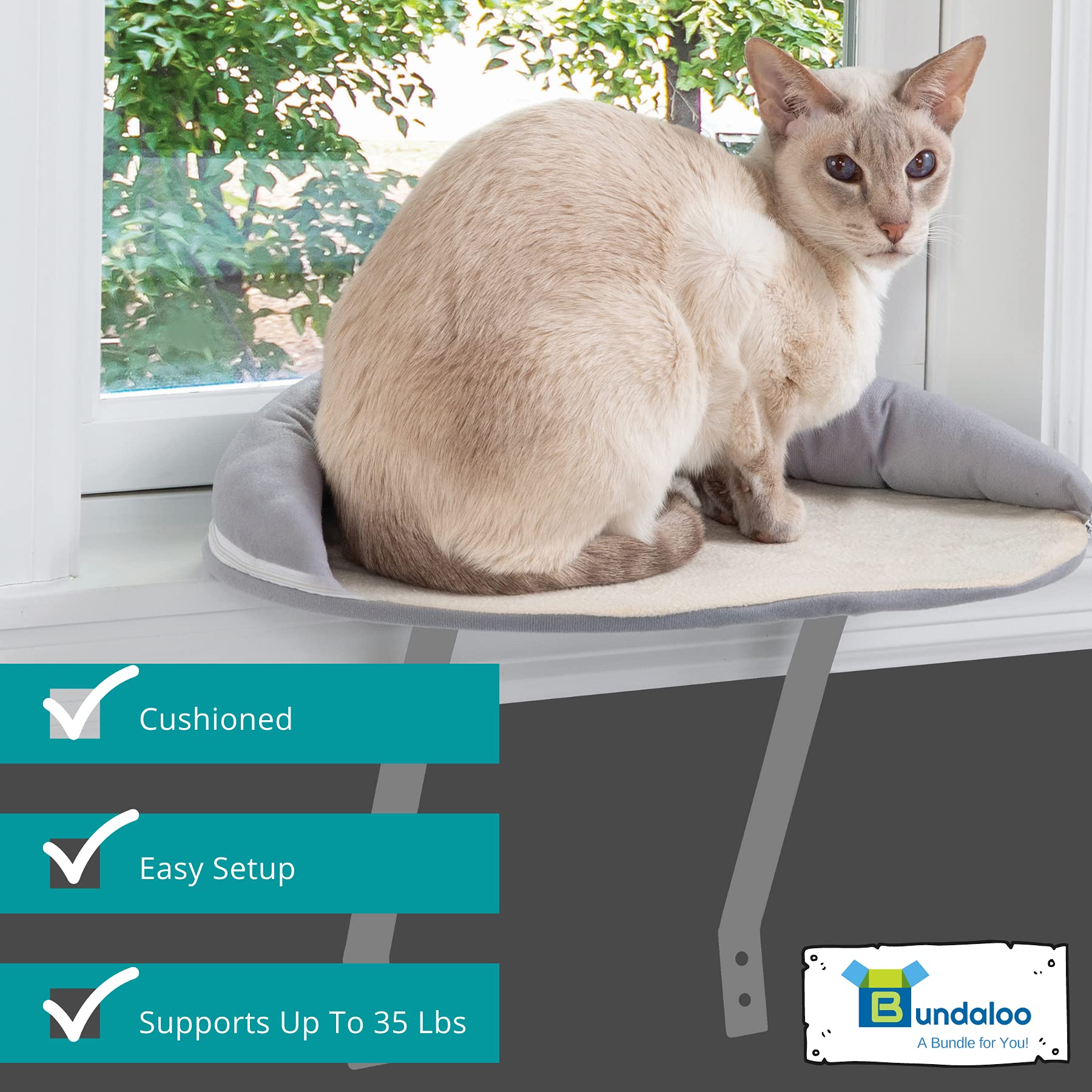 Bundaloo Cat Window Perch Easy Set-up DIY Kitty Sill Mounted Shelf Bed for Pets. Sturdy Furniture Ledge for All Kitten Sizes,Washable Removable Zippered Seat Cover  - Like New