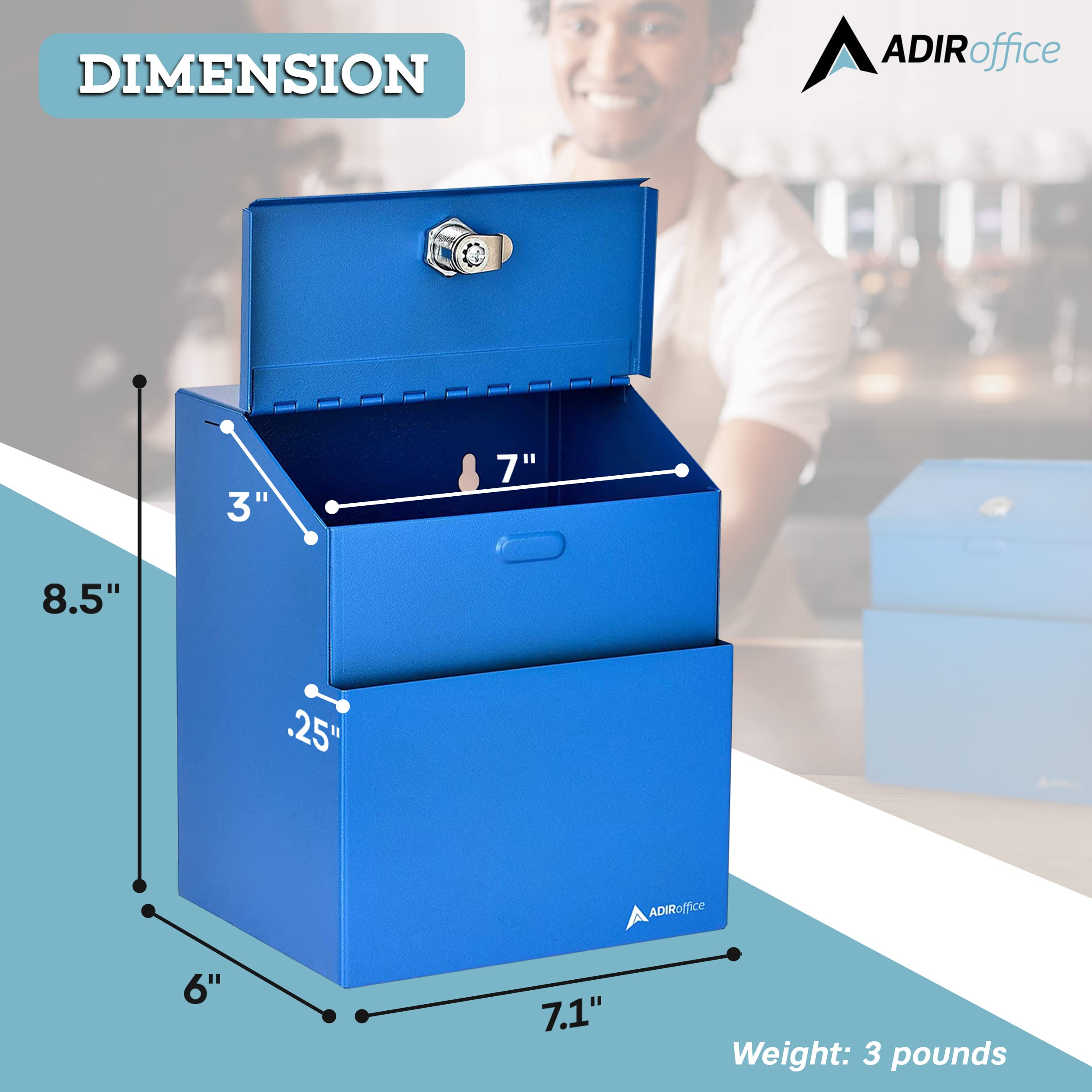 Adir Suggestion Box with Slot and Lock with 25 Comment Cards and Label Stickers, Wall Mounted Metal Donation Box for Fundraising, Tip Cash Drop Box for Money, Ballot Box Blue  - Very Good