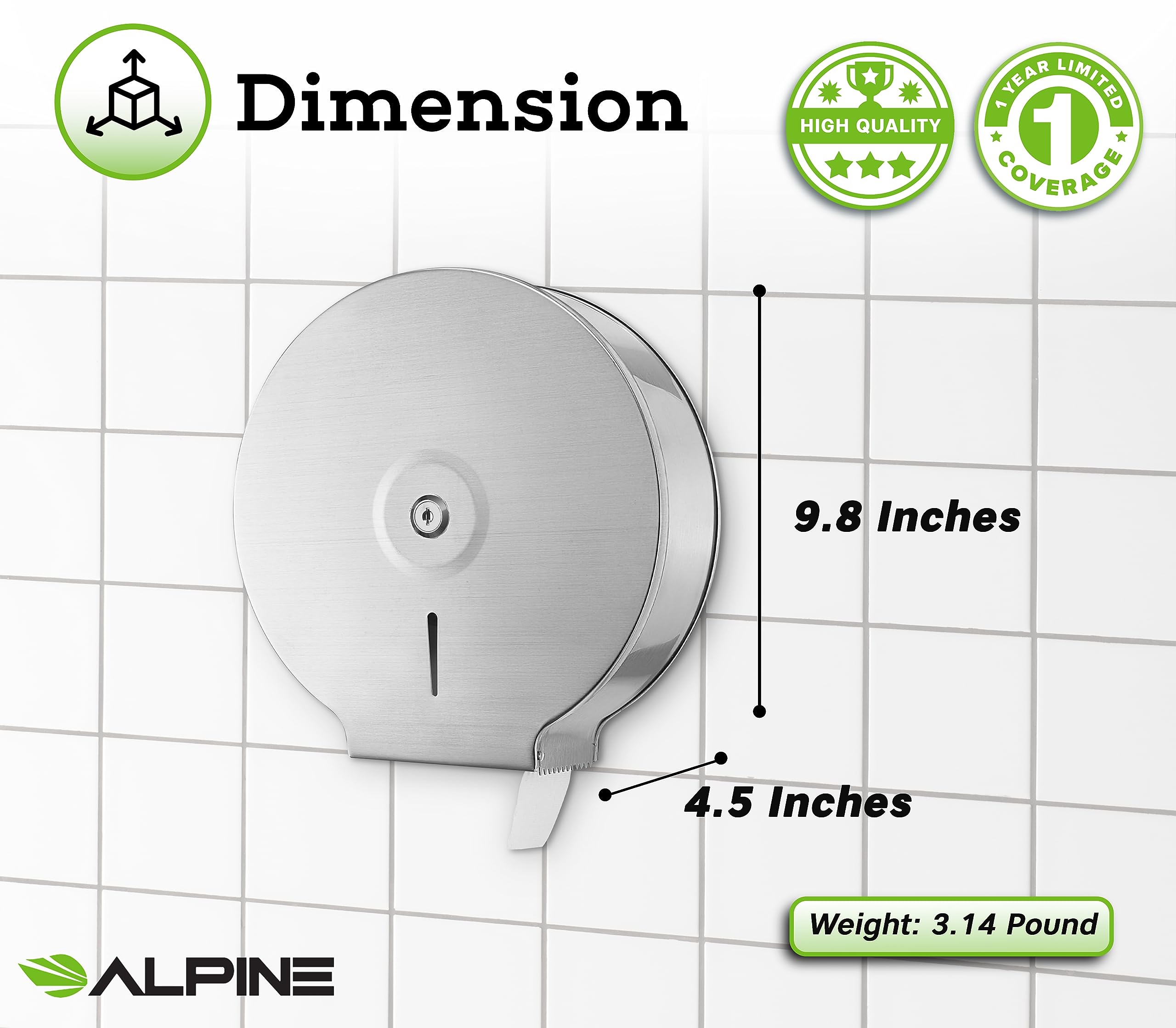 Alpine Industries Jumbo Toilet Tissue Dispenser - Brushed Stainless Steel - 9 Inch Roll with 2.5 Core  - Like New