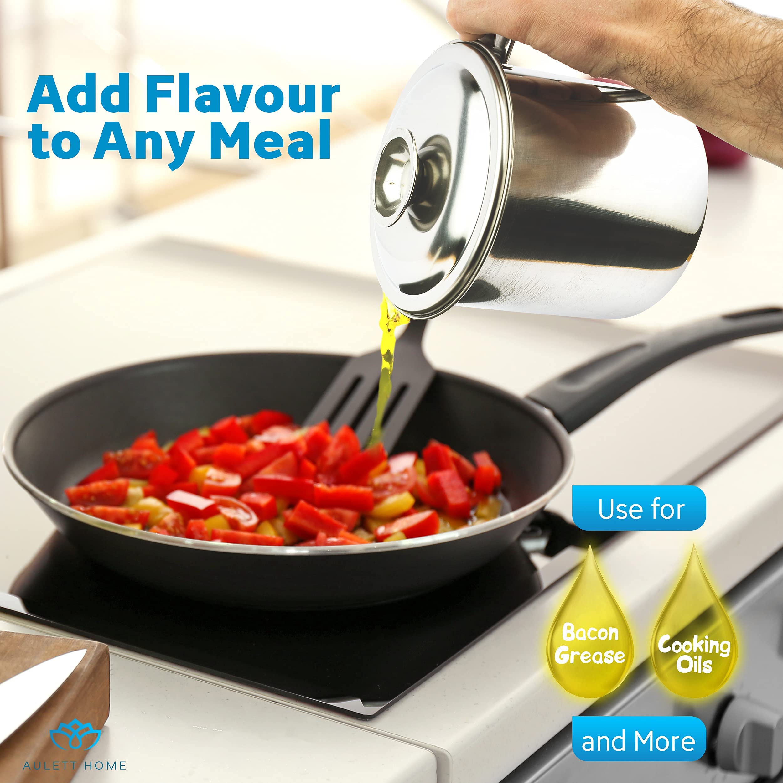 Aulett Home Bacon Fat Container With Oil Strainer - Storing Fats, Cooking Oil, Drippings - Oil Separator for Cooking - 1.25 Quart or 5 Cups Stainless Steel Grease Keeper with Oil Fat Separator  - Like New