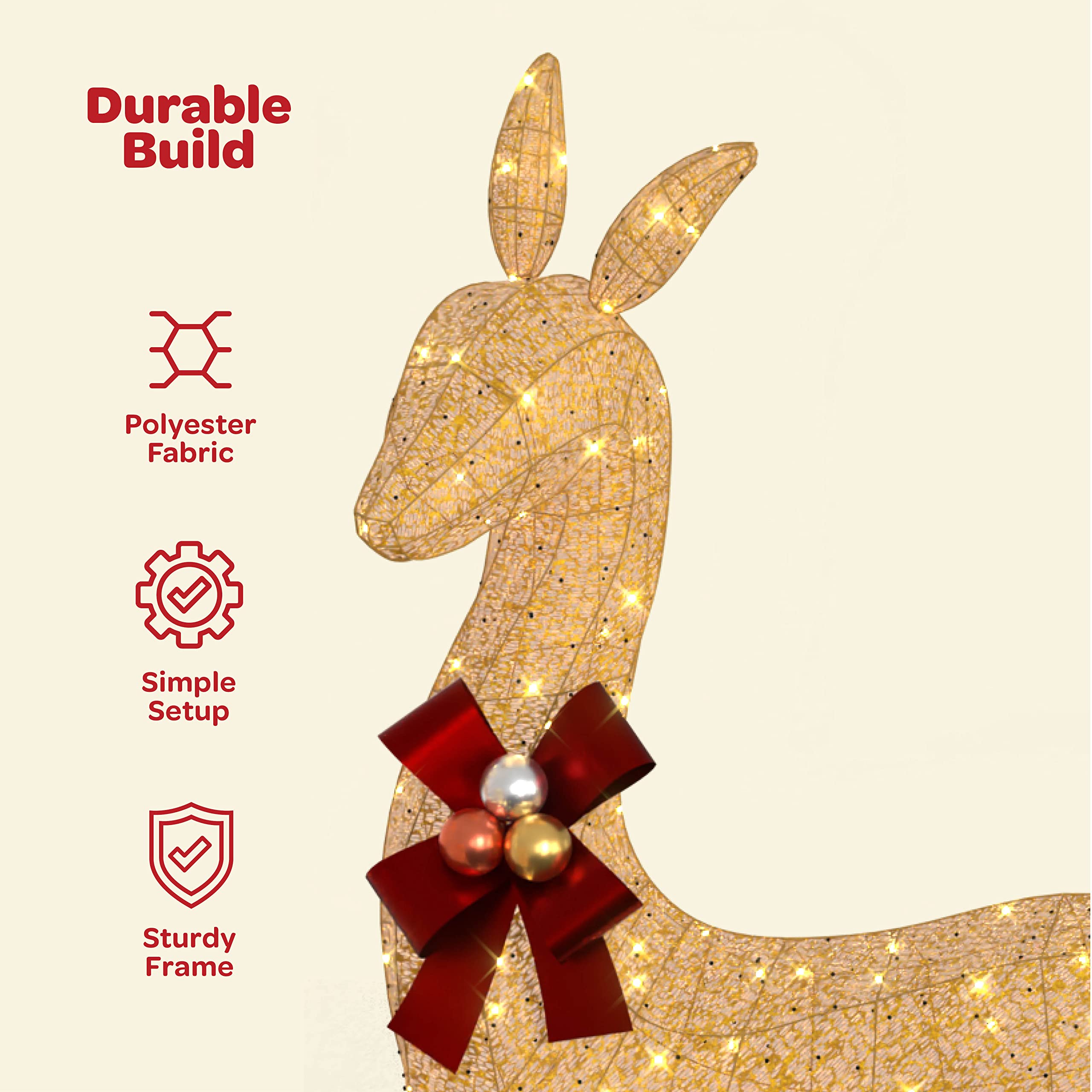 Impressive Reindeer Christmas Decoration Family [Set of 3] Lighted with 365 LED Lights Large all-Weather Christmas Outdoor Decoration Display (Buck Doe and Fawn) With Red Bows/Tie-Down Stakes - Gold. christmas decorations outdoor reindeer  - Very Good