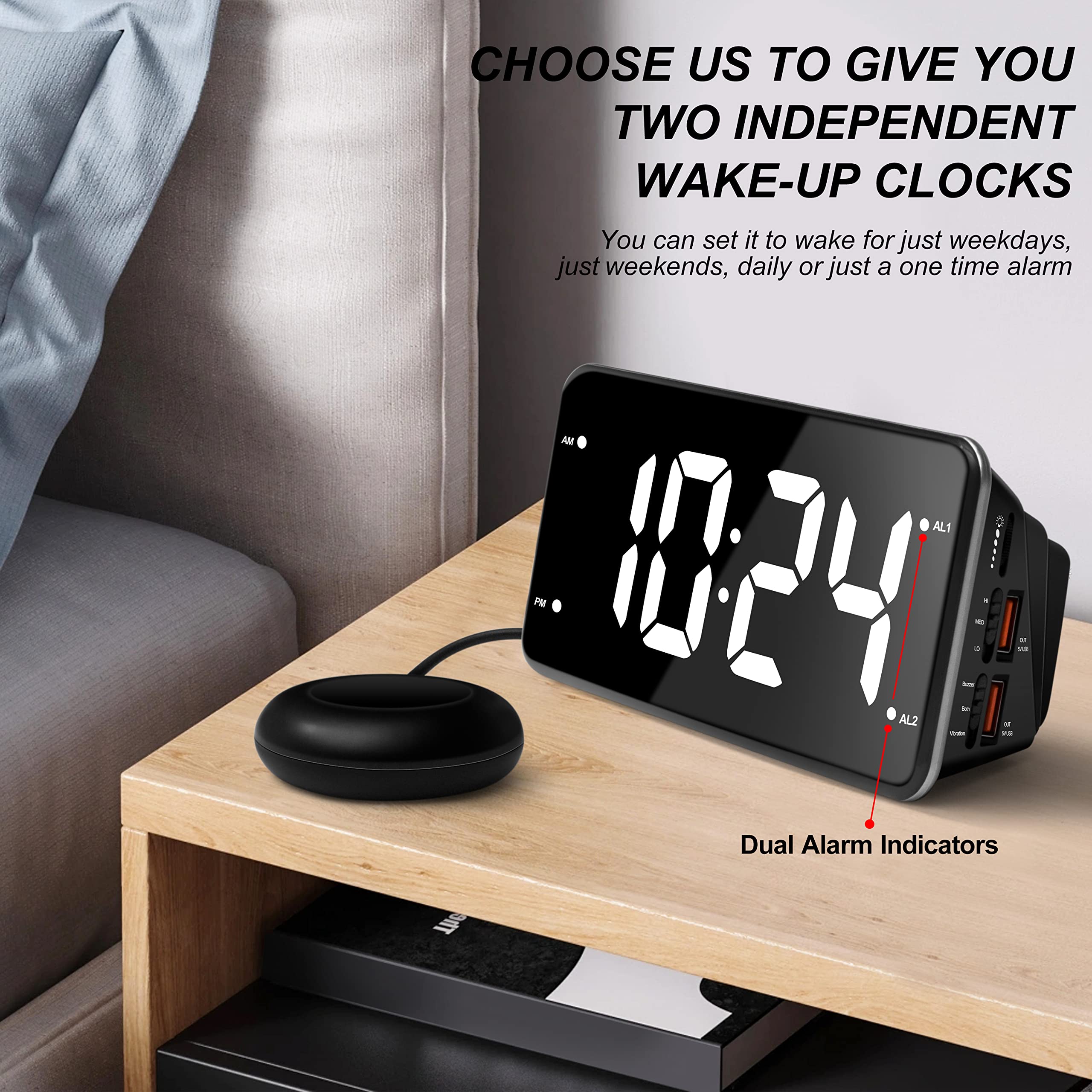 Digital Loud Alarm Clock for Heavy Sleepers Adults with Bed Shaker - Ideal for Hearing Impaired People - Dual Alarm Settings & 2 USB Charger - 7 Inch Display  - Like New