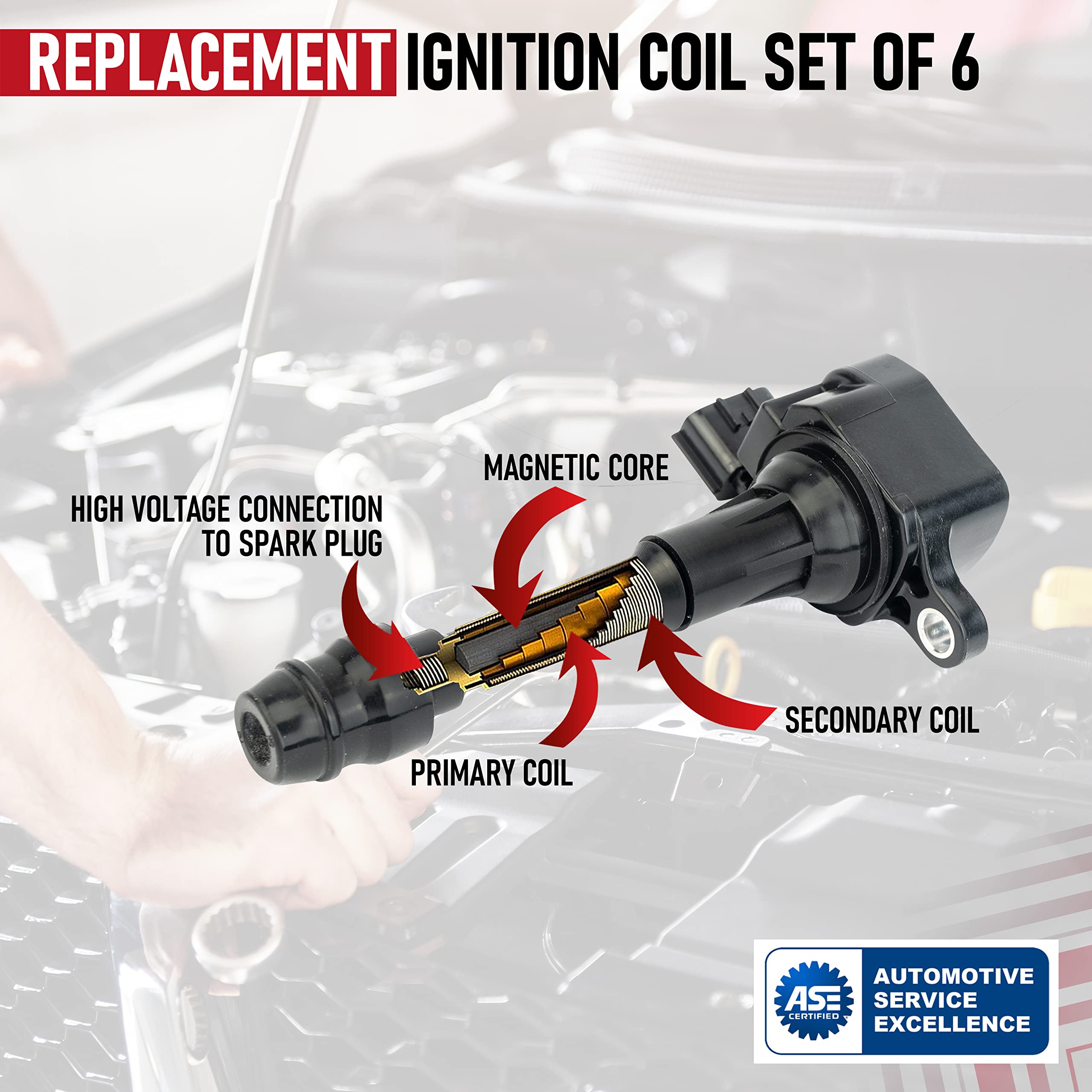 Ignition Coil Pack Set of 6 - Compatible with Infiniti FX35, G35, M35 & Nissan 350Z Vehicles - Replaces 22448-AL61C, UF401, IGC0007, 6734025, 22448AL615 - Year Models 2000-2008 - 3.5L V6 Coils  - Very Good