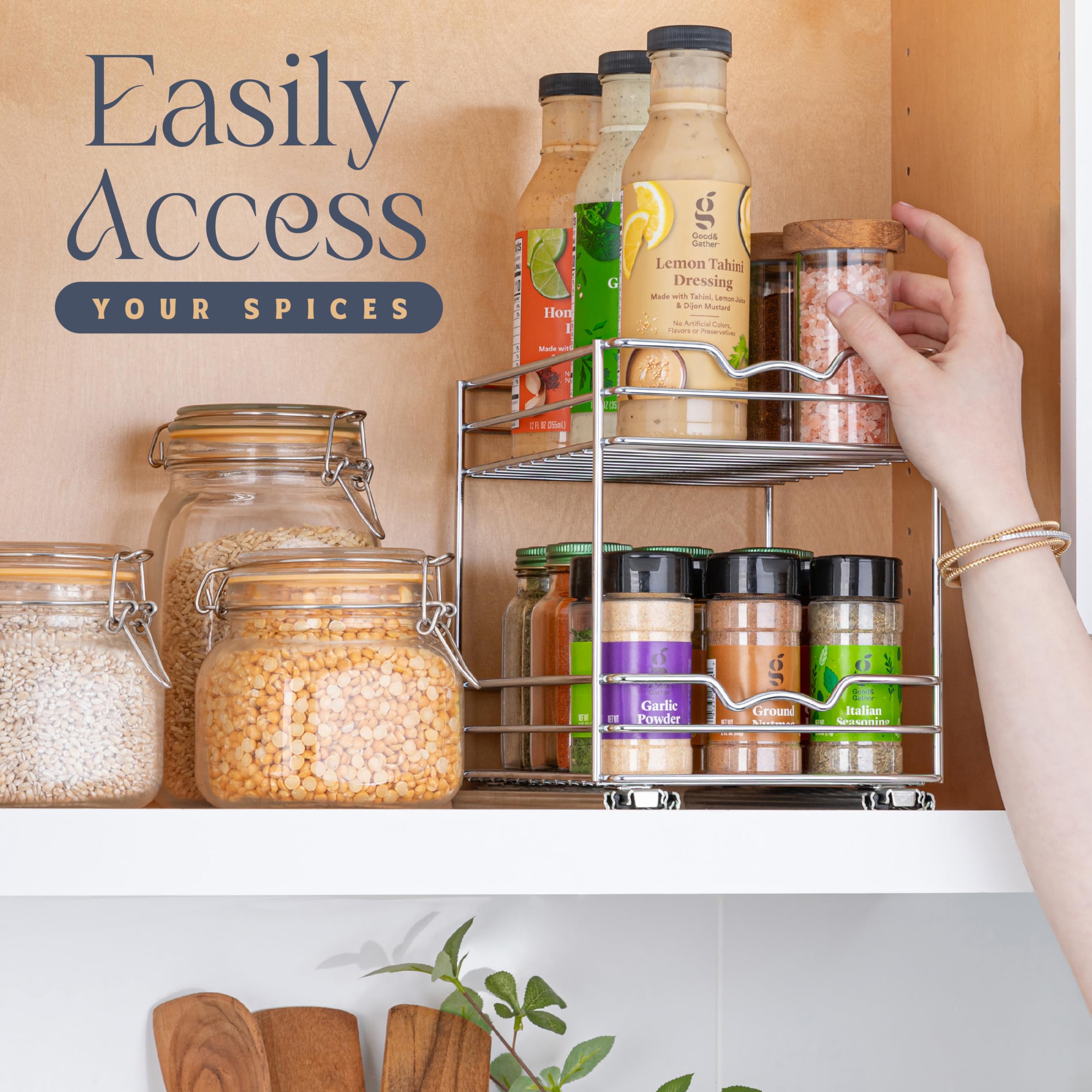 HOLD N' STORAGE Premium Pull-Out Spice Rack - 6.5"W x 10"D - Anti-Rust Chrome Finish - Heavy Duty with 5-Year Limited Warranty- Fits 3 Rows of Standard Spice Jars  - Like New