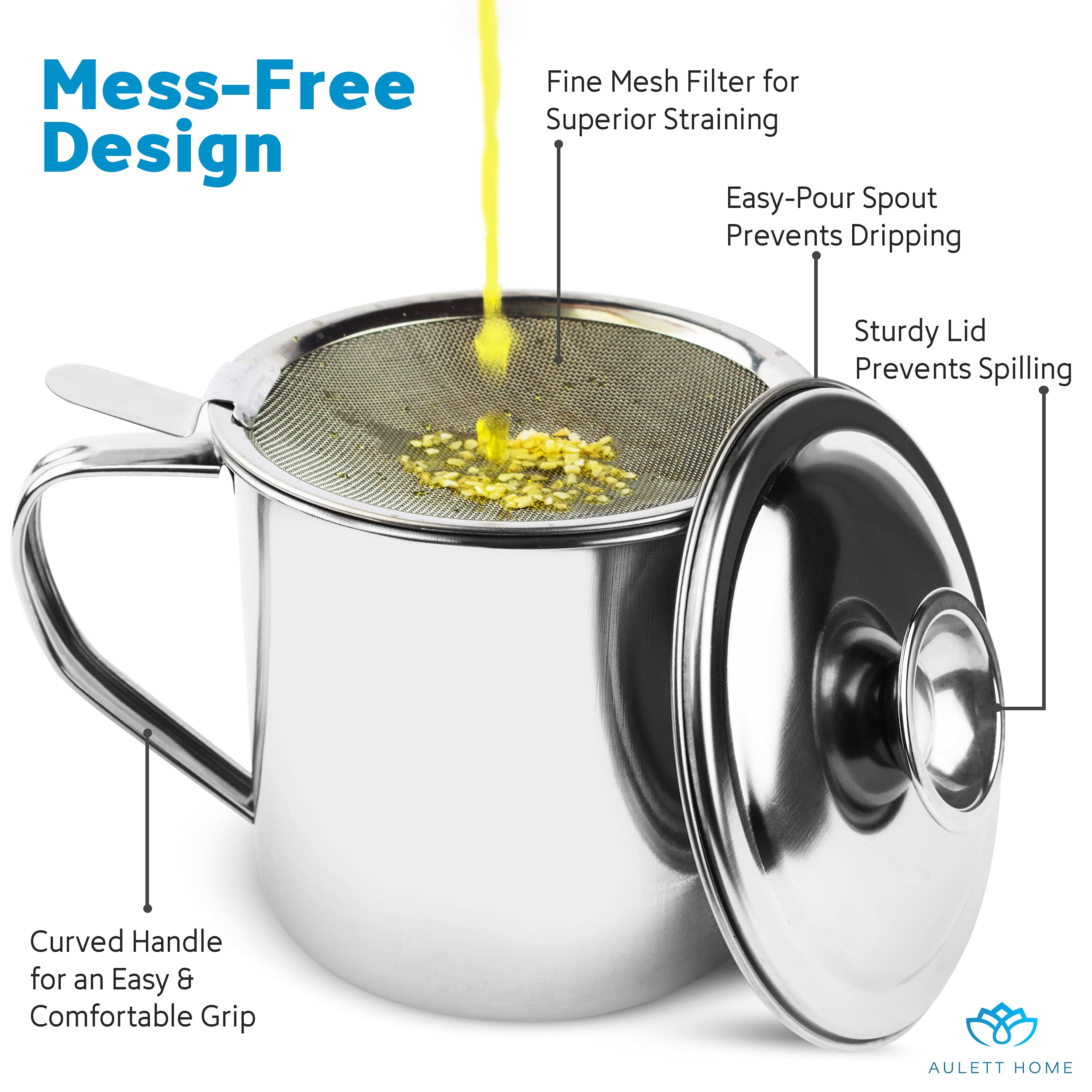 Aulett Home Bacon Fat Container With Oil Strainer - Storing Fats, Cooking Oil, Drippings - Oil Separator for Cooking - 1.25 Quart or 5 Cups Stainless Steel Grease Keeper with Oil Fat Separator  - Like New