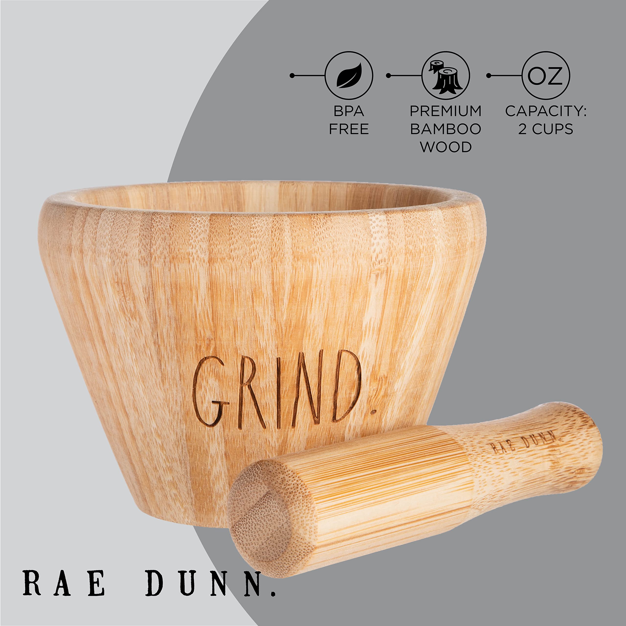 Rae Dunn Bamboo Mortar and Pestle - Bamboo Spice Grinder, Crush, Press, Mash Spices, Herbs, Garlic, Pepper, Guacamole, Pesto, Nuts, Fruit, 3.3 inch Wooden Mortar and Pestle Set for Kitchen  - Like New