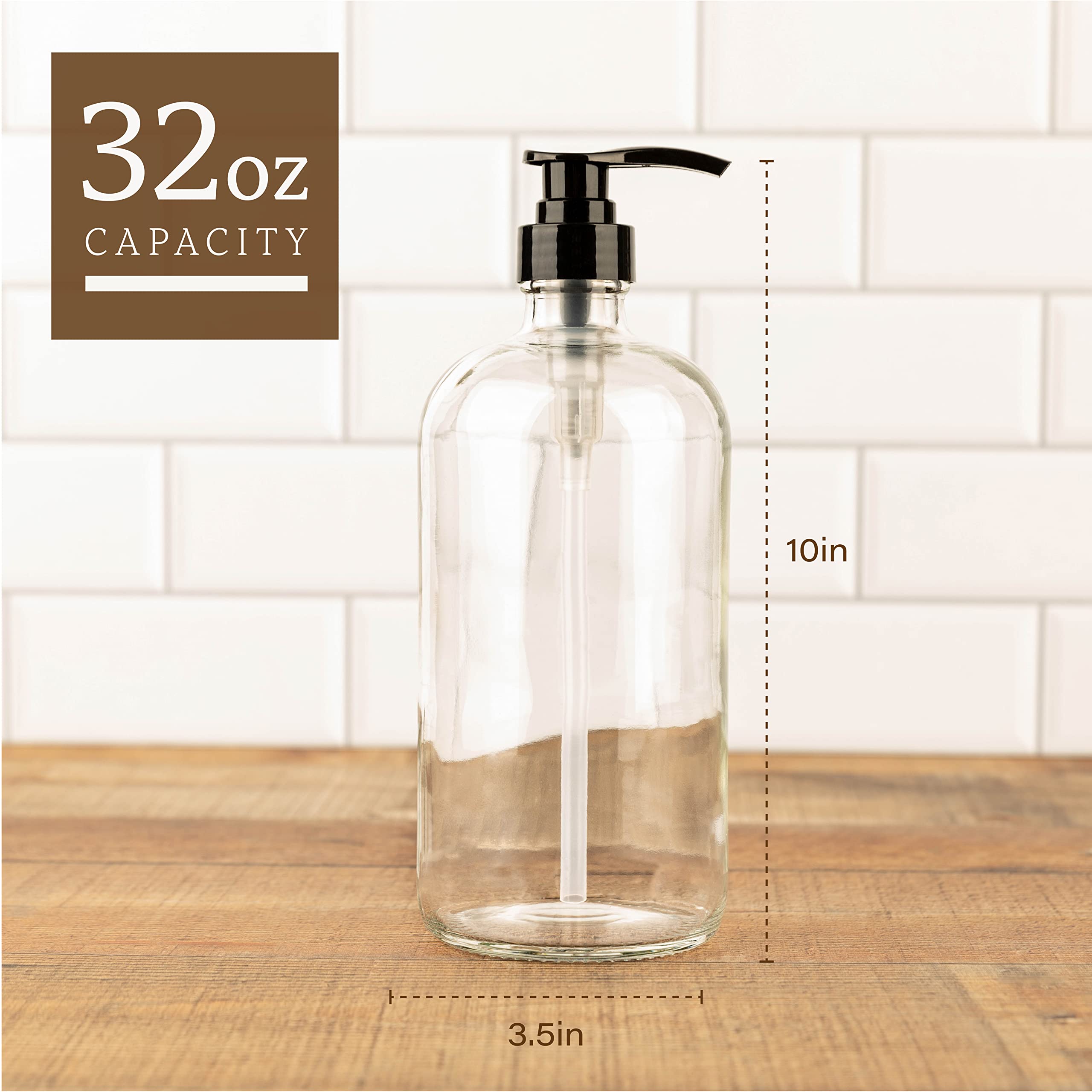 kitchentoolz 32-Ounce Large Clear Glass Boston Round Bottles w/Black Pumps. Great for Lotions, Soaps, Oils, Sauces - Food Safe and Medical Grade  - Like New