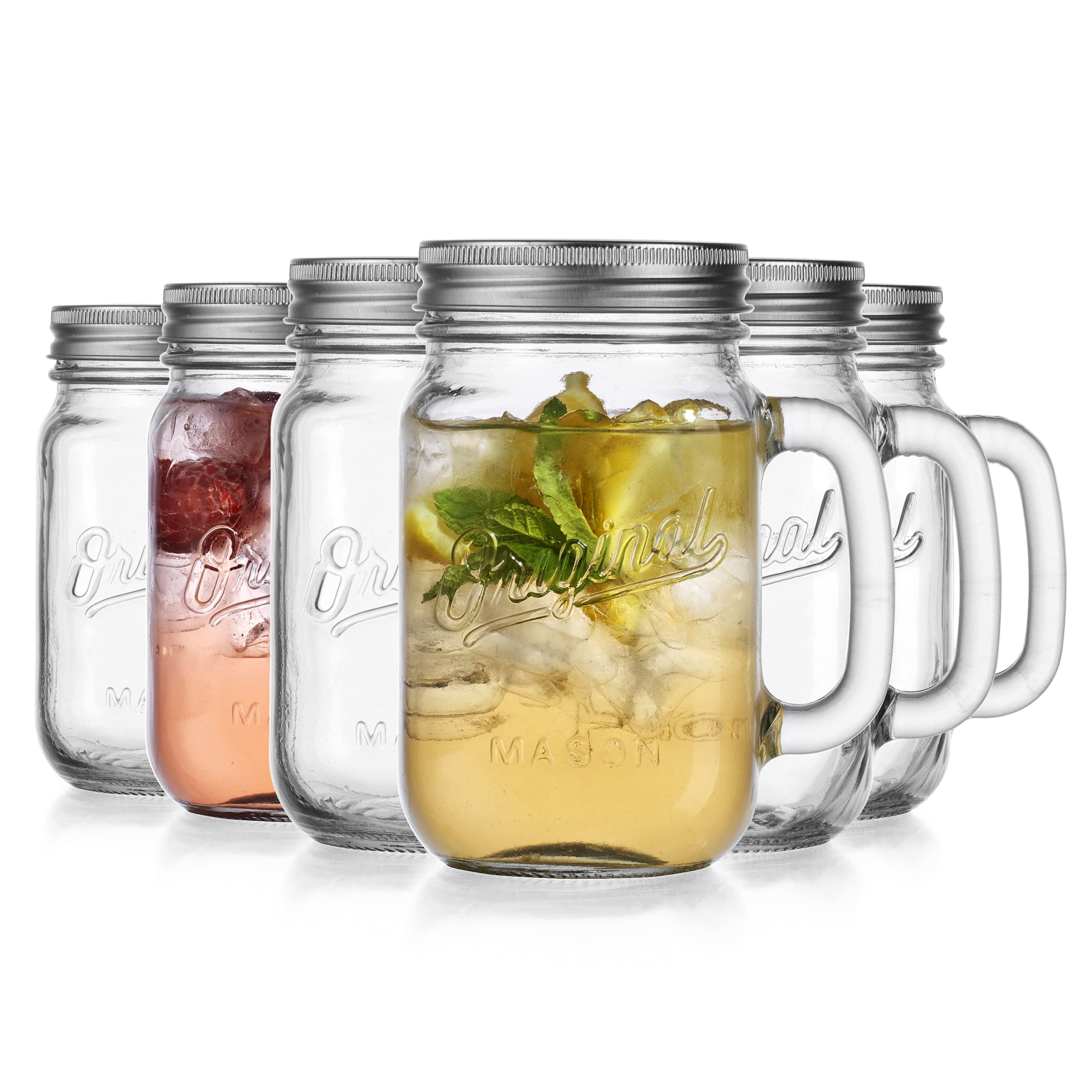 Glaver's Mason Jar 16 Oz. Glass Mugs with Handle and Lid Set Of 6 Old Fashioned Drinking Glass Bottles Original Mason Jar Pint Sized Cup Set.  - Acceptable