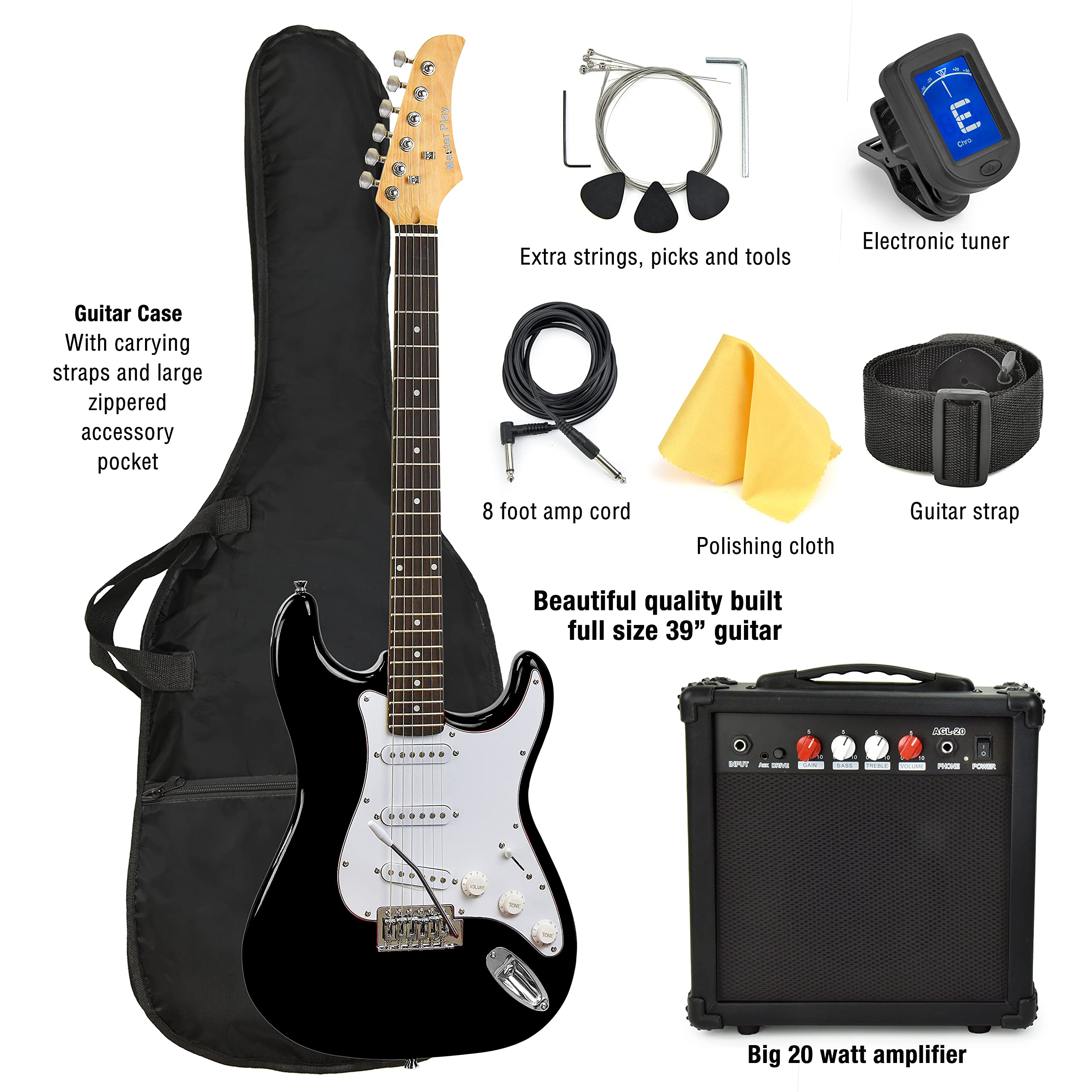 Master Play 39 Inch Electric Guitar,For Kids/beginner With Complete Starter Kit, 20 Watt Amp, 6 Extra String, Picks, Gig Bag, Shoulder Strap, Digital tuner, Cable, Wash Cloth  - Like New