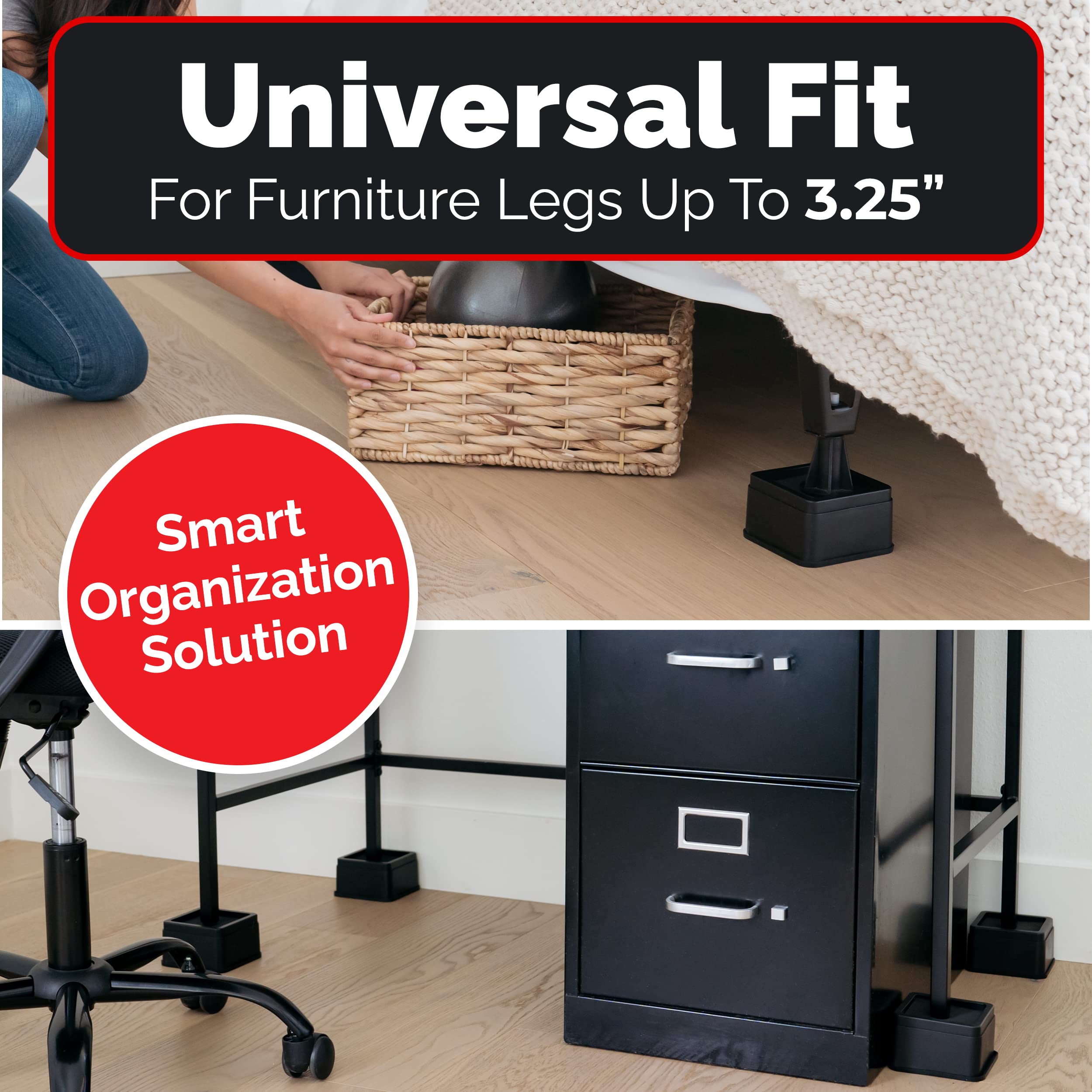 iPrimio Bed and Furniture Risers – Square Elevator up to 2” Per Riser and Lifts up to 10,000 LBs - Protect Floors and Surfaces – Durable ABS Plastic and Anti Slip Foam Grip – Stackable  - Acceptable