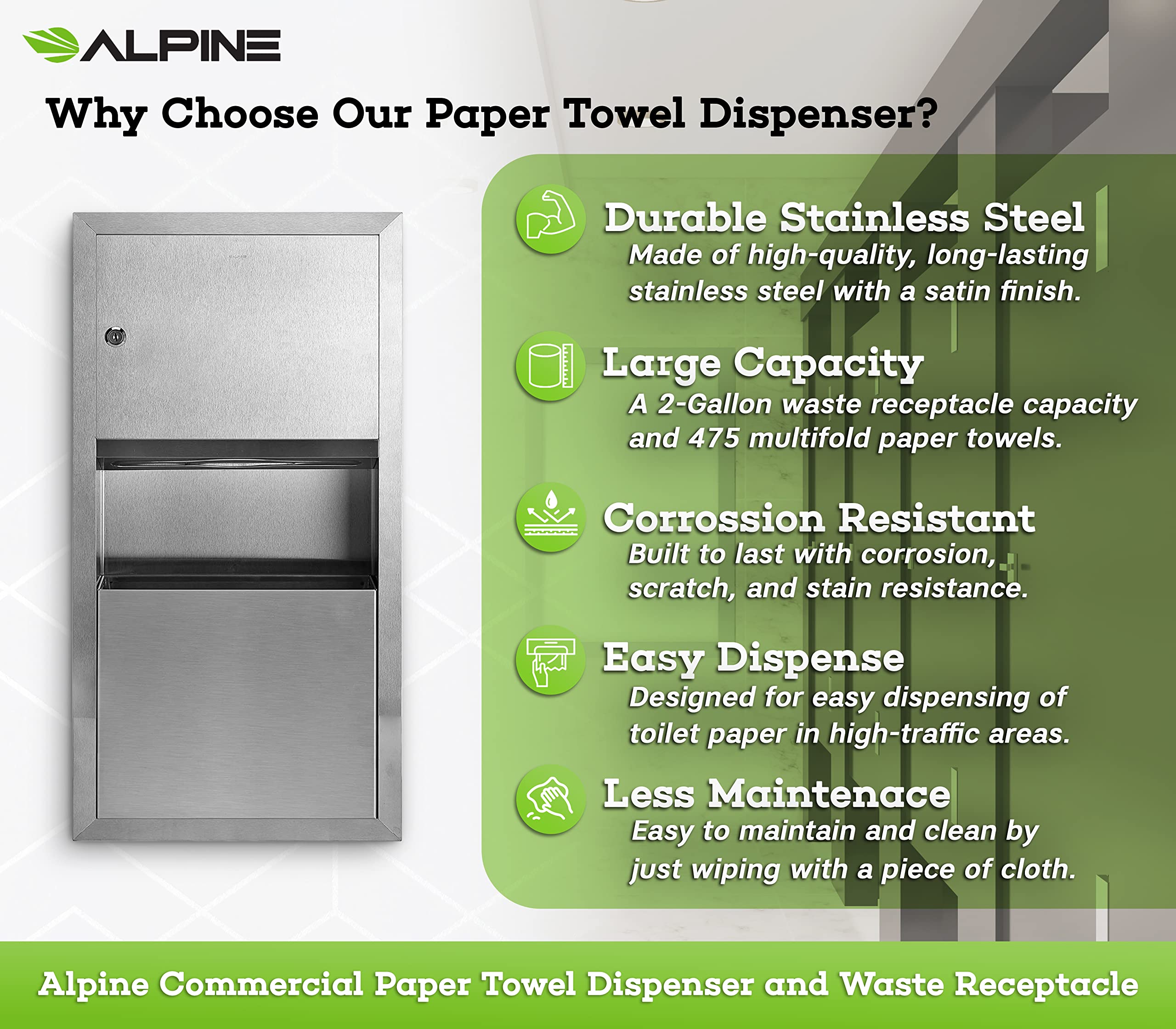 Alpine Commercial Paper Towel Dispenser and Waste Receptacle - 350 C-Fold or 475 Multifold Paper Towels (2 Gallon Capacity Trash Bin) Variation  - Very Good