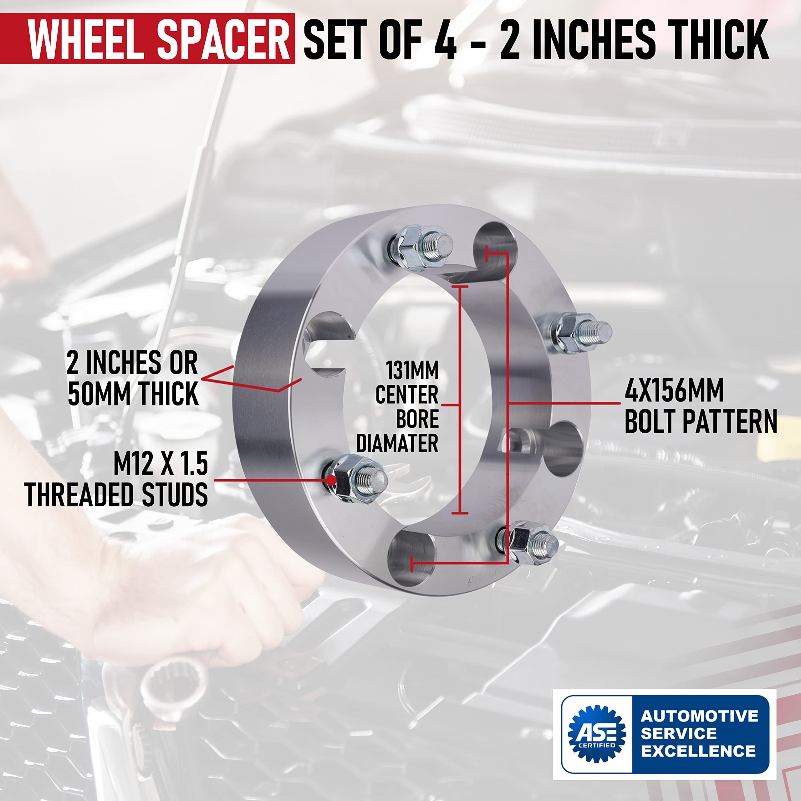 ATV Wheel Spacer Set of 4-4x156 Bolt Pattern - 4x156mm Lug Centric 131mm Bore - M12 x 1.5 Studs 2 Inches Thick - Compatible with Polaris ATV UTV 2013 Models and Up - RZR XP, Trail 900, XC, Ranger  - Like New